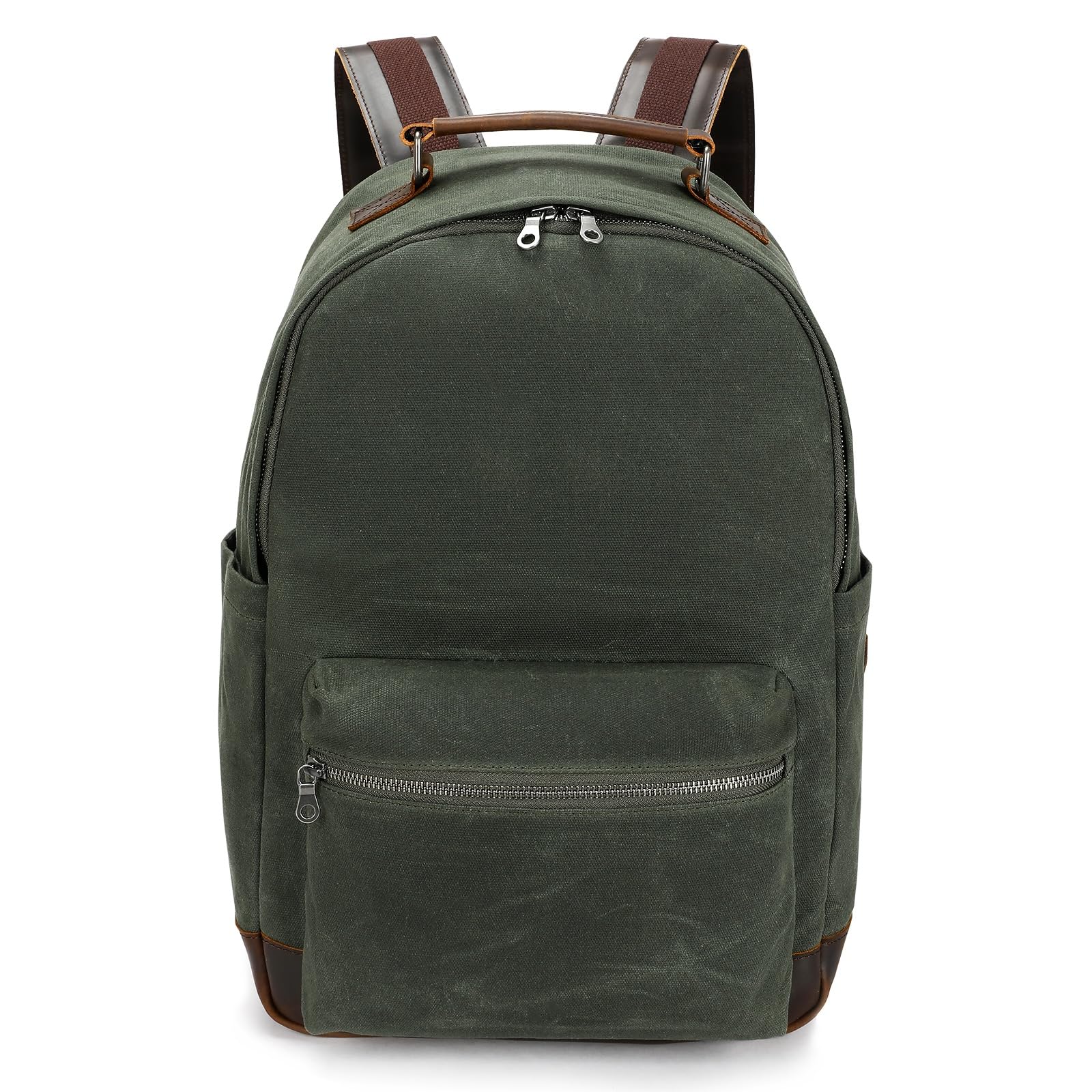 Double Oak Essentials Canvas Leather Backpack, Waxed Canvas with Full-Grain Cowhide Trim, Vintage Style Daypack, Army Green (Forest Green)