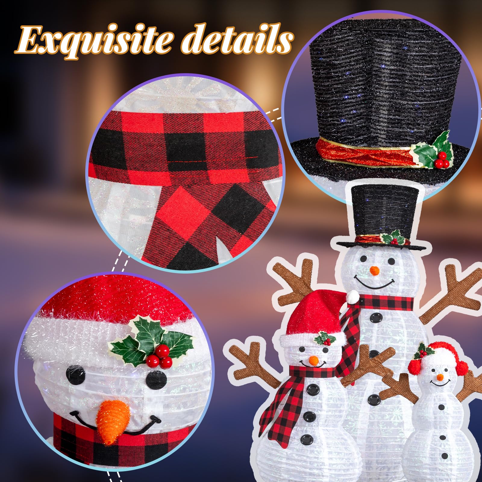 Ensemble de 3 décorations Lumineuses de Noël représentant Une Famille de bonhommes de Neige