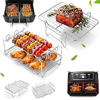 Pack of 2 Stainless Steel Cooking Grates for Hot Air Fryer Stackable with 4 Skewers Airfryer Accessories Grid Compatible with Ninja AF400EU/AF500EU & COSORI 8.5L/10L - for Dual Zone Airfryer 7.6L