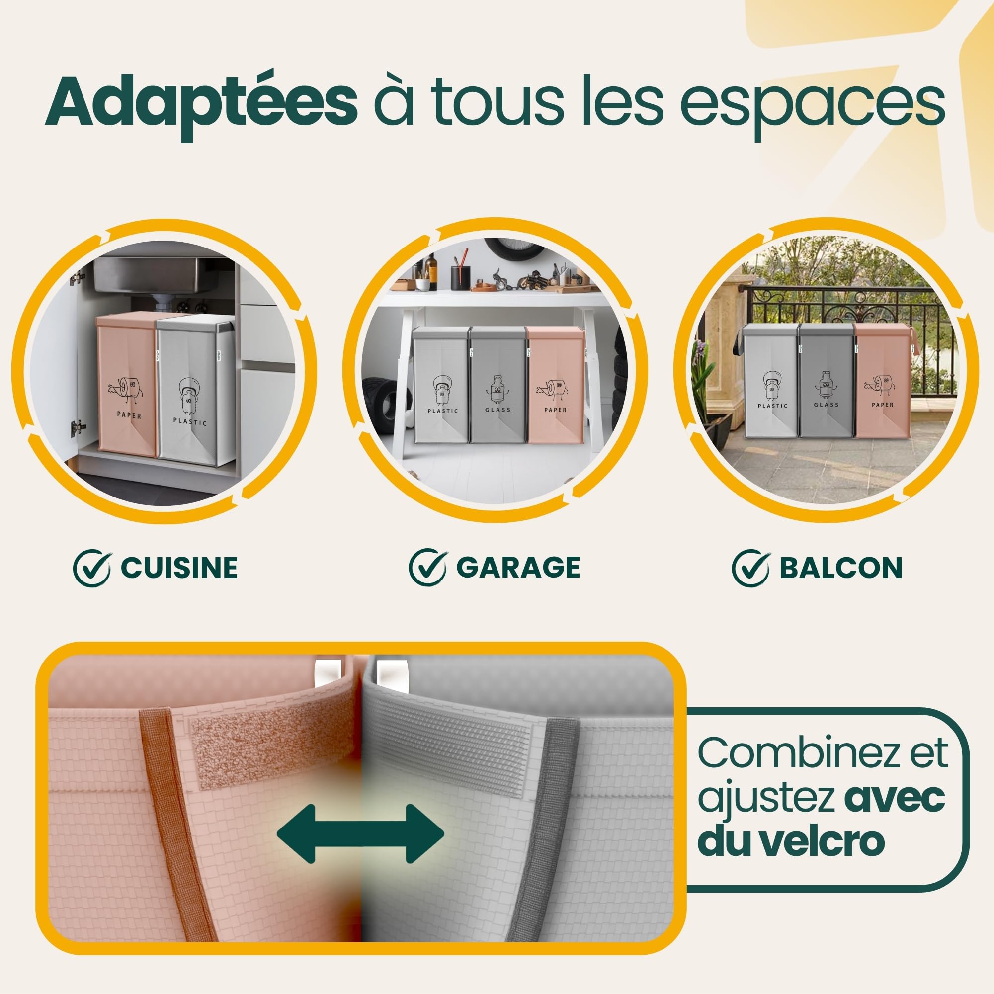 Poubelle tri selectif 3 bacs 40L - Sac tri selectif pour le plastique, le papier et le verre - Flexible poubelle de tri avec poignée - Bac de tri pour déchets et recyclage