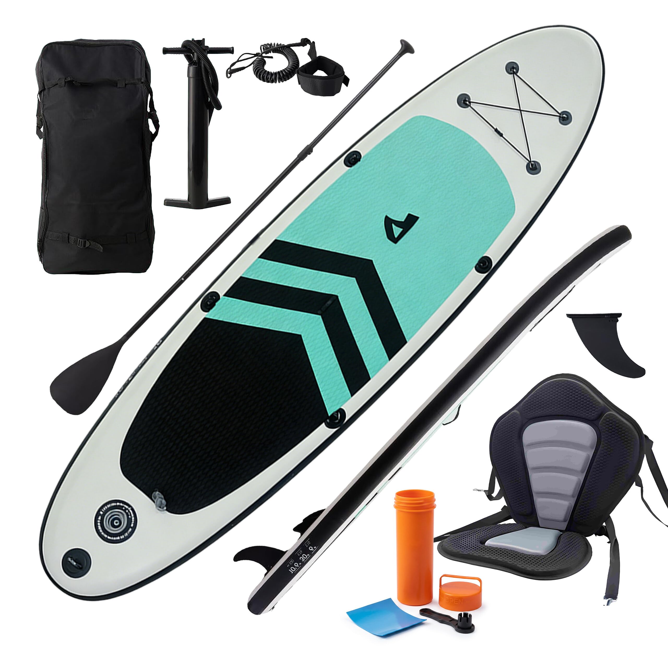 Relaxdays SUP Board, mit Sitz, aufblasbar, Mehrfarbig | Set mit Paddel & Pumpe, Paddelbrett, 150 kg, HBT: 15x80x320 cm