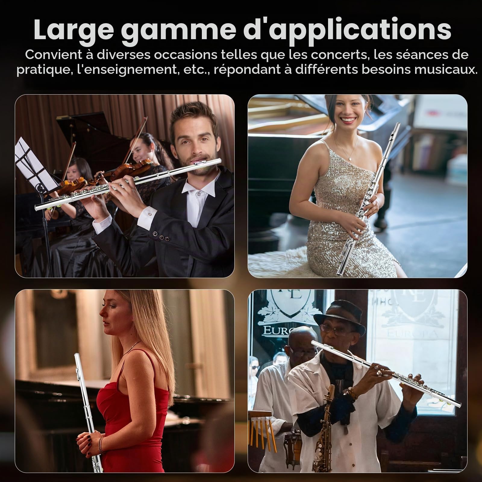 Asmuse Flûte Traversière Ensemble Argent-Nickel Plaqué(e)16 Trous C Key Flûte Instrument de Musique avec Etui de Transport, Chiffon et Gants Propres pour Débutants