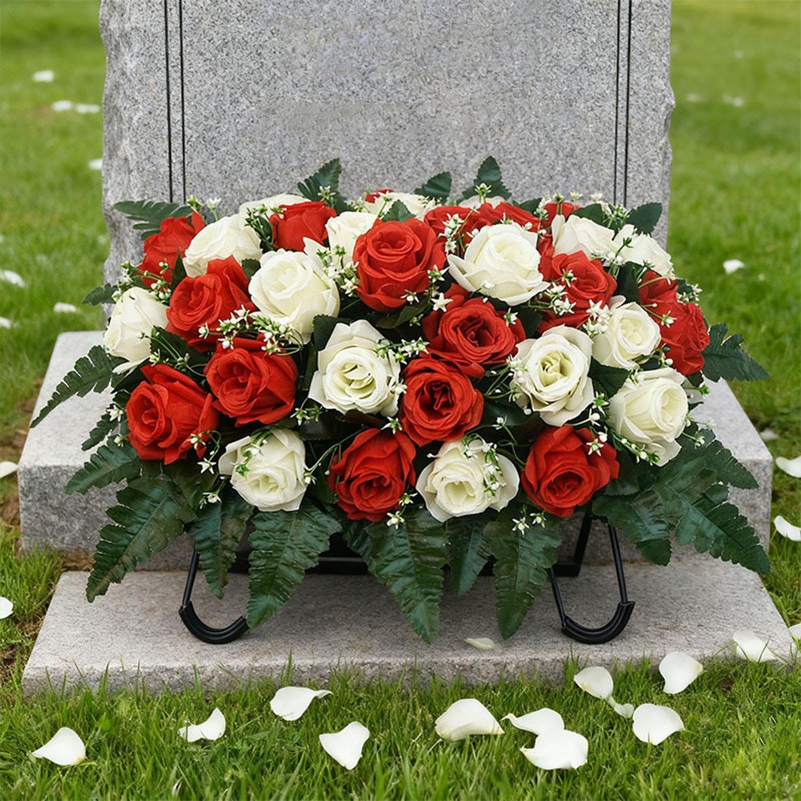 Saddle Flowers for Cemetery Headstones, Tombstone Flower Saddle, Artificial Silk Rose Cemetery Decorations, Memorial Flower for Outdoor Tombstone Mother's Day Father's Day image 2