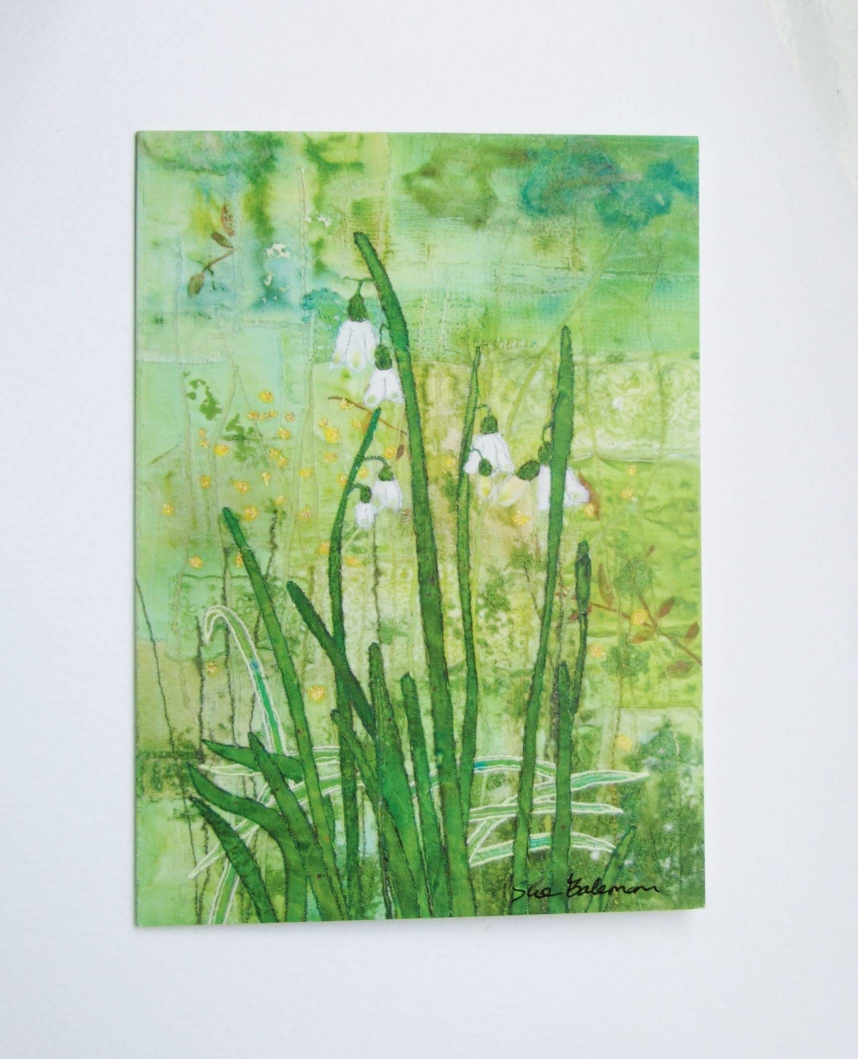 Cotswold Snowdrops Signed Greeting Card, 127x177mm, Original Textile Artwork Print on ECO 300gsm FSC + recycled card, Brown Kraft Envelope