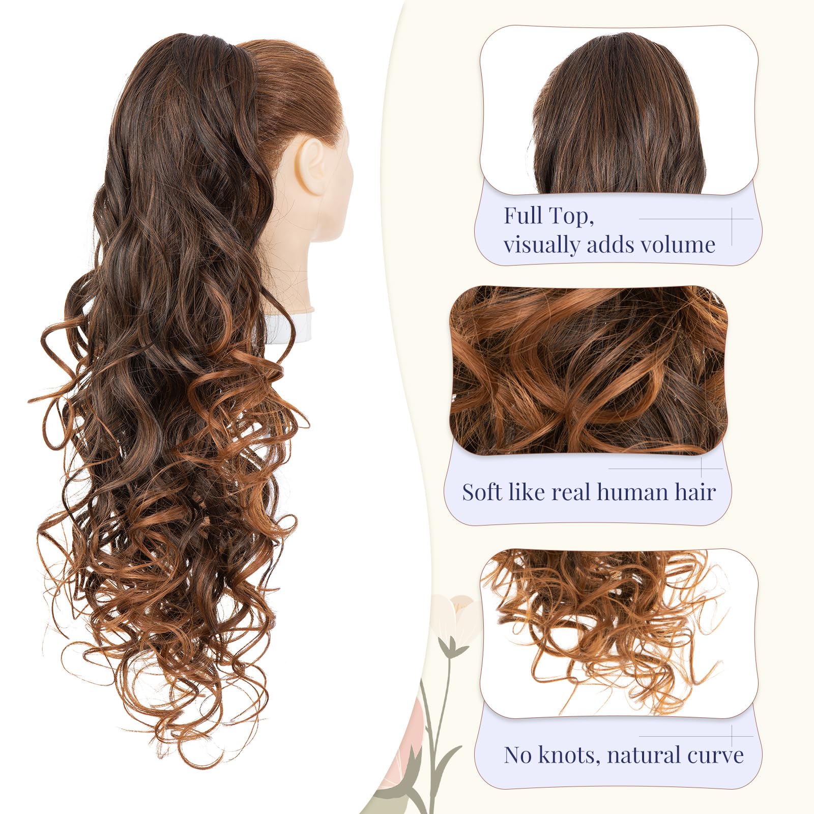 TESS 24'' Curly Ponytail Extensions, 210g Claw in Long Ponytail Extension, Hair Pieces for Women Auburn to Light Auburn - Image 3