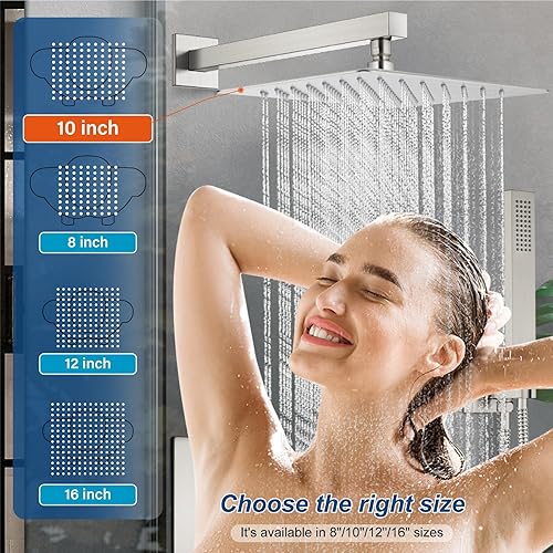 Miniatura 3 de Midanya Sistema de ducha de lluvia de níquel cepillado, juego de grifo de ducha cuadrado de 10 pulgadas, cabezal de ducha de lluvia cuadrado con