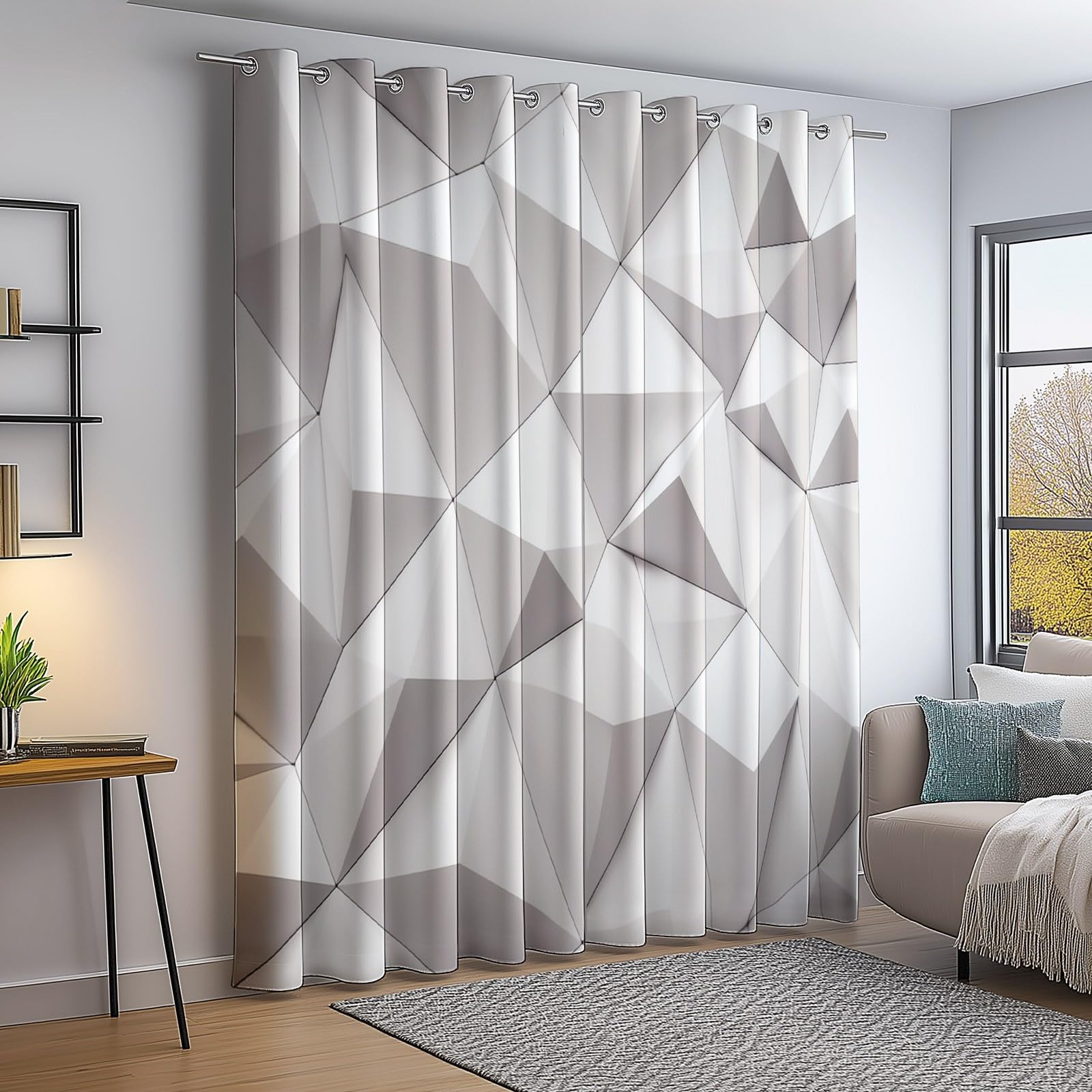 100% Rideau Occultant Thermique Isolant Anti Froid et Chaleur 140L X 260H cm (2 Panneaux), Géométrique Abstrait Polygonal Rideaux Opaques Oeillets Anti UV Anti Bruit pour Chambre Salon, Blanc