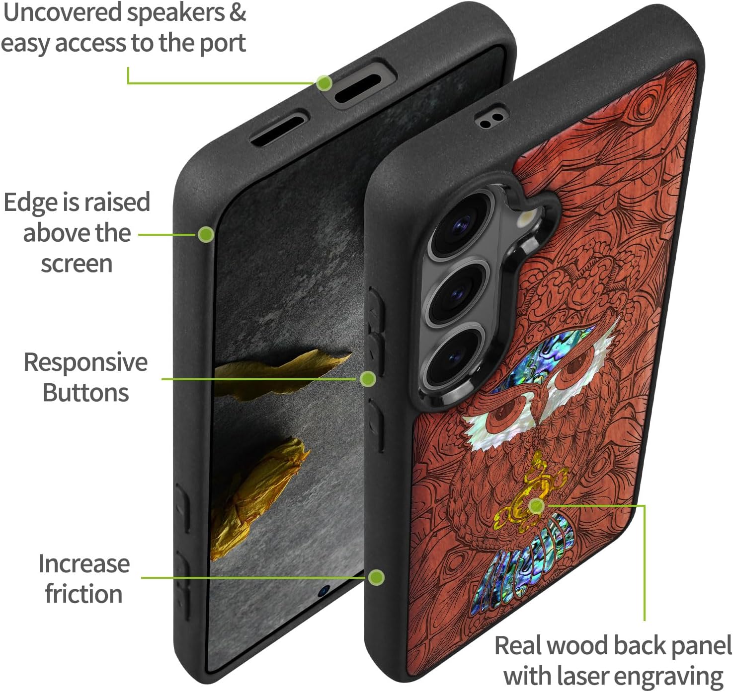 Carveit Magnetic Wooden Case for Samsung Galaxy S26 Case, Wood Artisan Engraved & Handmade Shell Inlaid, Compatible with MagSafe Wireless Chargers (The Owl Tapestry) Rosy