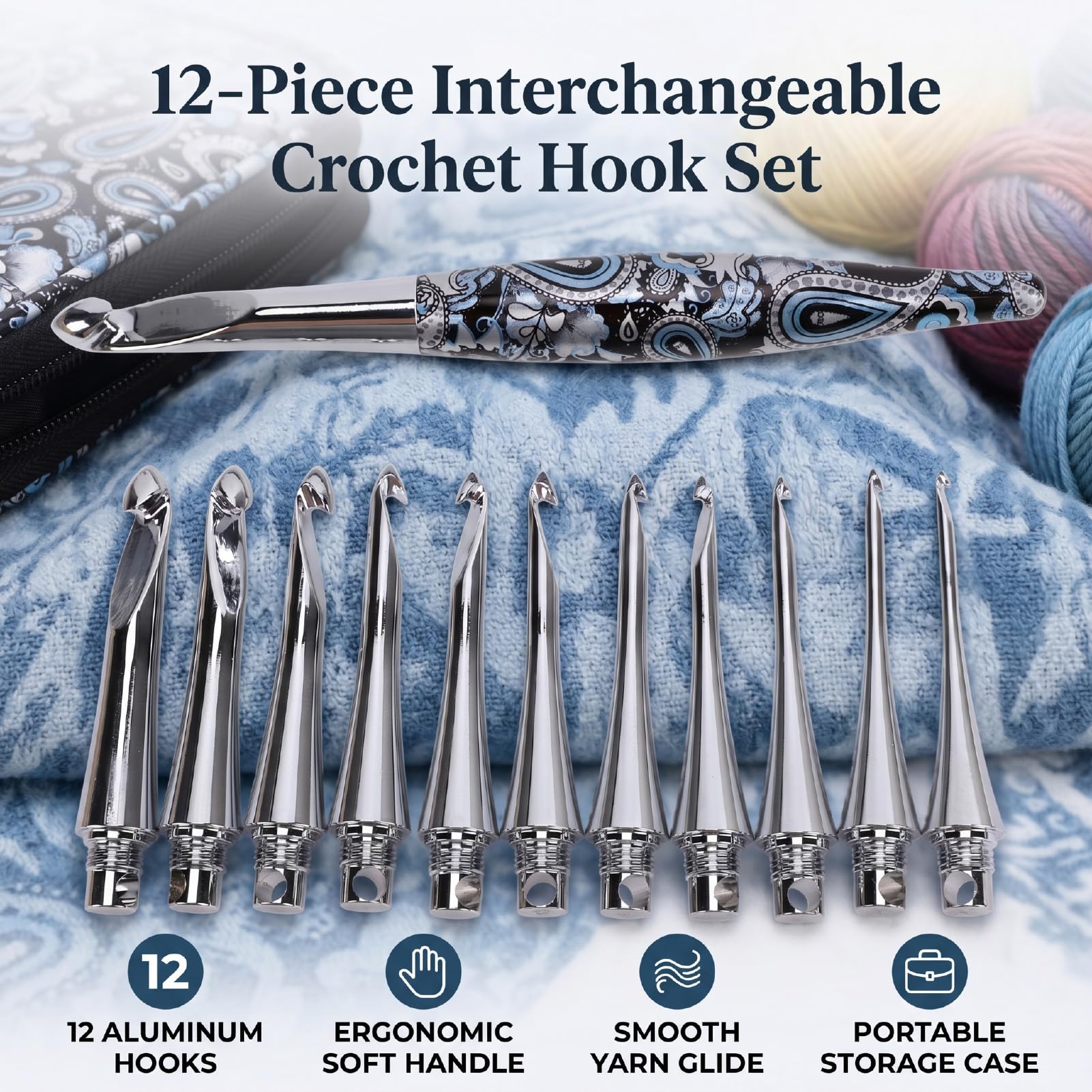 Haofy Kit de Ganchillo de Aluminio de 3,0-10,0 Mm con Mango Ergonómico | Agarre Cómodo Antideslizante, 12 Tamaños Intercambiables, Estuche de Viaje de PU, Deslizamiento Suave del Hilo, Reduce la