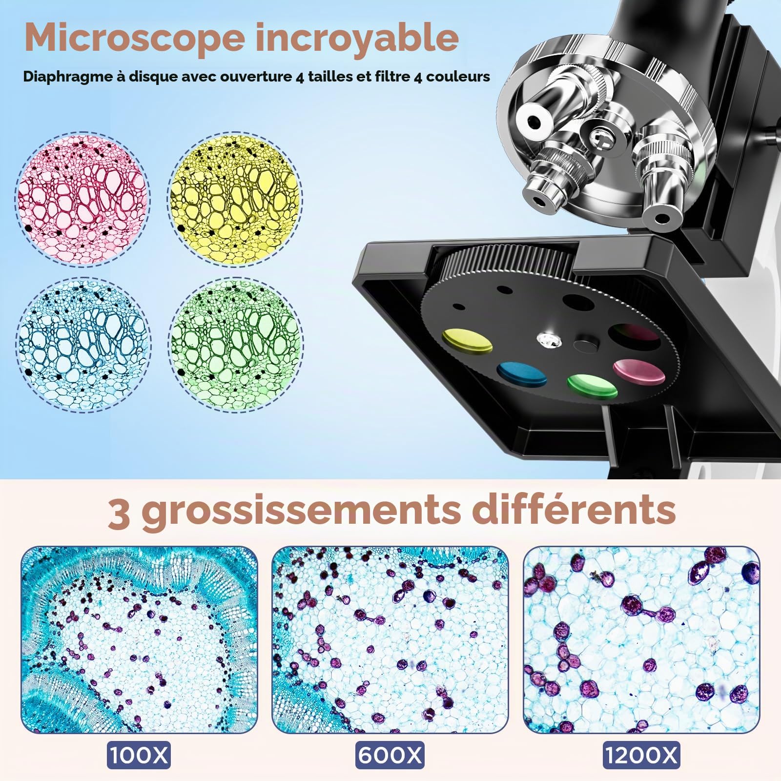 Microscope Enfant Kit Scientifique 100X-1200X: Microscope Adolescent Découverte Biologique STEM - Set de Science avec Lame, Boîte de Transport - Cadeau Éducatif 5-12 Ans