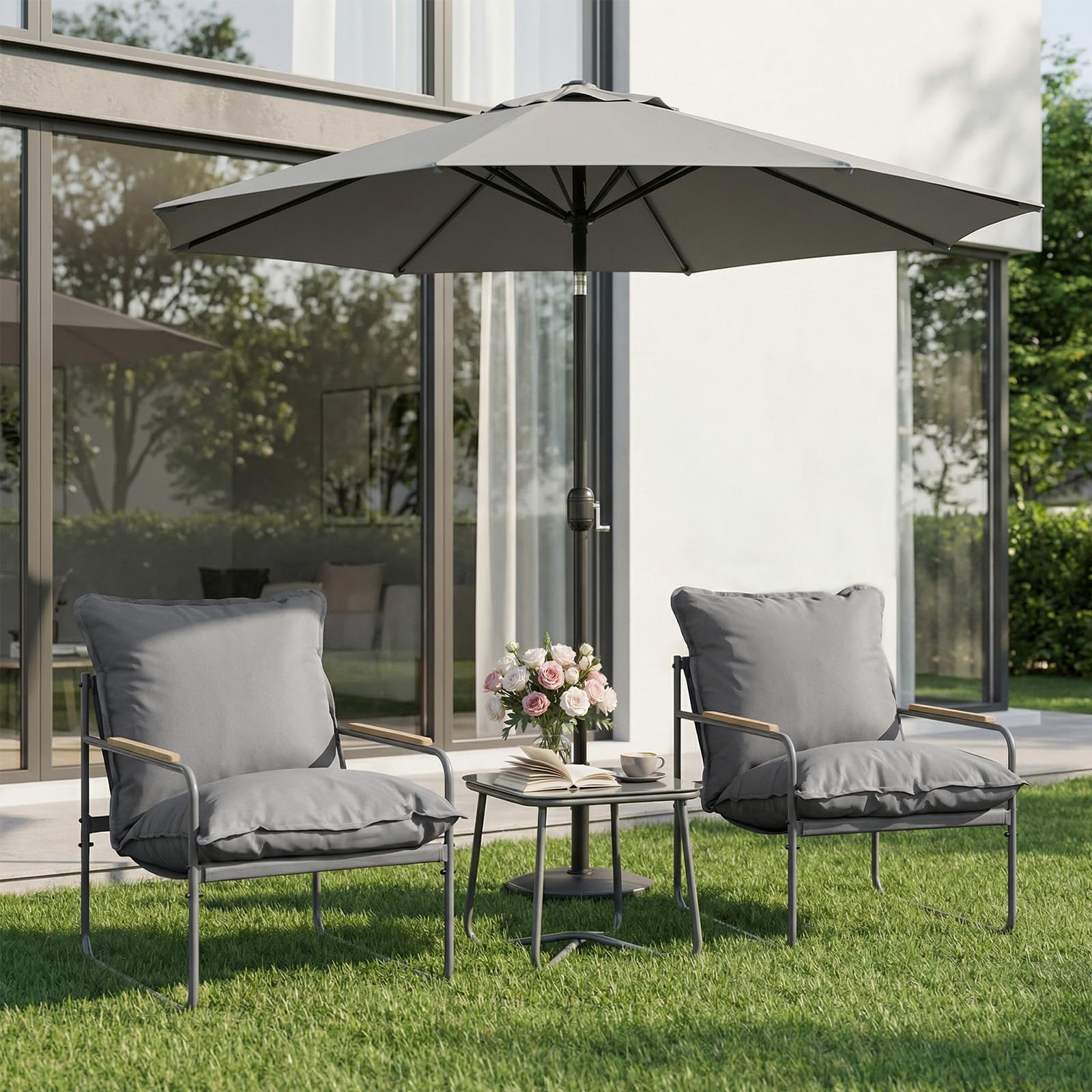 WOLTU Gartenmöbel Set 3-teilig 2 Sessel 1 Couchtisch und Kissen Balkonmöbel Metallrahmen 160kg Belastbarkeit Garten Balkon Möbel Klein Gartentisch mit 2 Stühlen, Grau