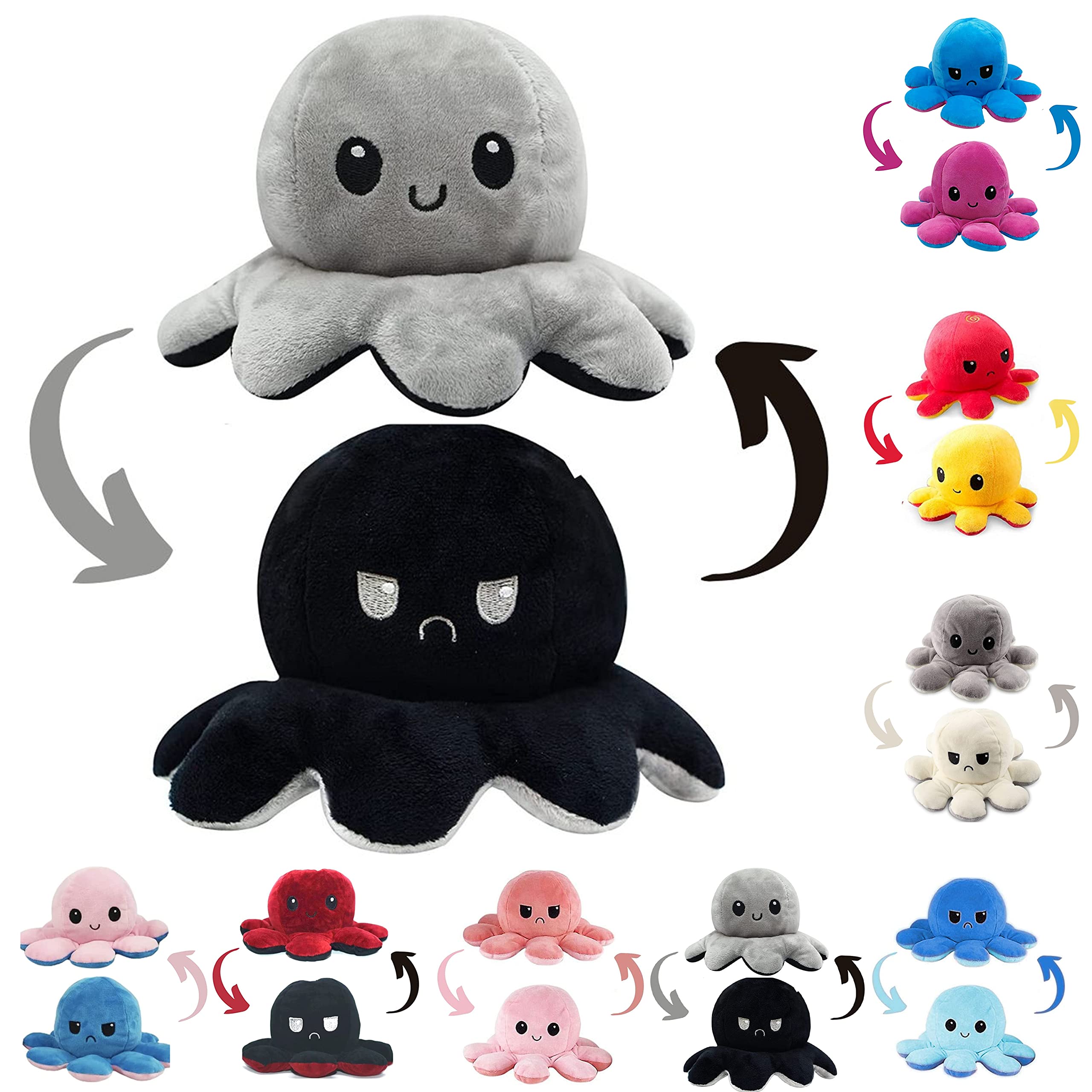 Snookums Reversible Octopus Plushie Plush Mood Octopus Toy Flip Moody Happy Sad Angry Inside Out (Grey-Black)