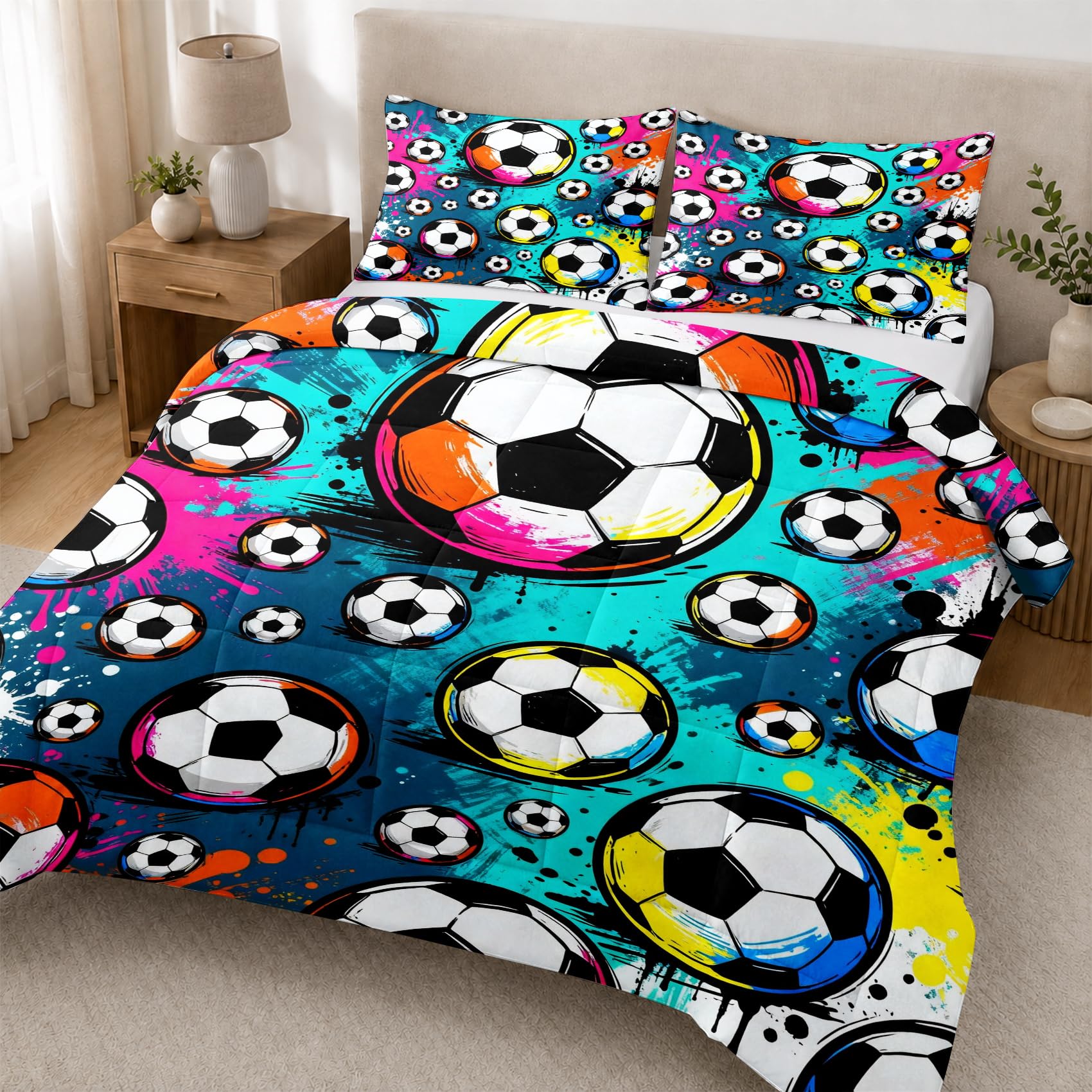 Generisch Fußball Bettdecke 135x200, Sport Thema Ganzjahresdecke | Wende Bunt Graffiti 4 Jahreszeiten Bettdecke ohne Bezug, Mikrofaser Steppdecke mit 2 Kissenbezügen 80x80, Waschbar, kL117a