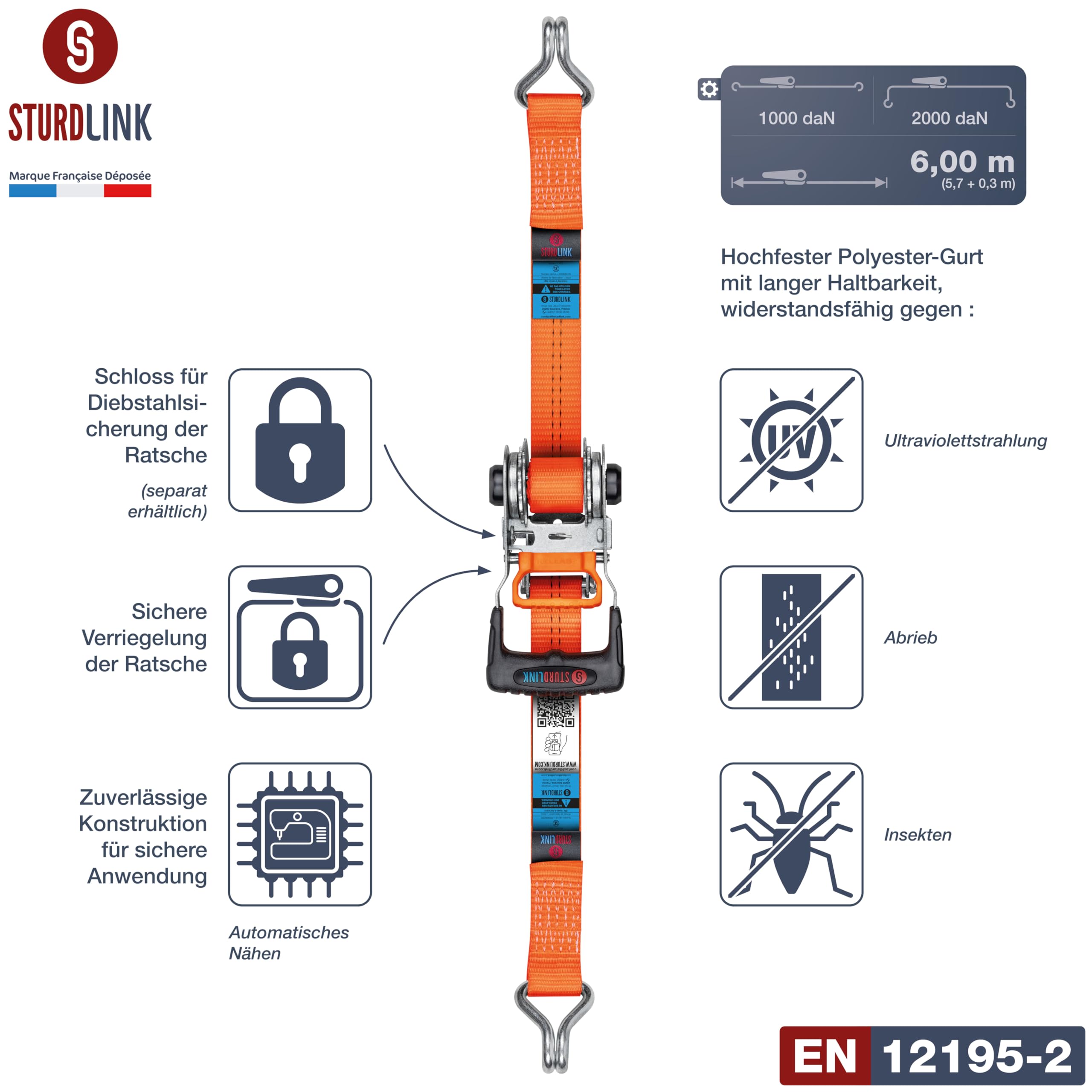 Spanngurte mit Ratsche 6m 35mm mit Spannungsrückführung | 2er Set Zurrgurte mit Ratsche und J-Haken | LC 1000daN/2000daN in U-Form | Ratschengurte für Anhänger, LKW | Spanngurt Zurrgurt Gurt EN12195-2