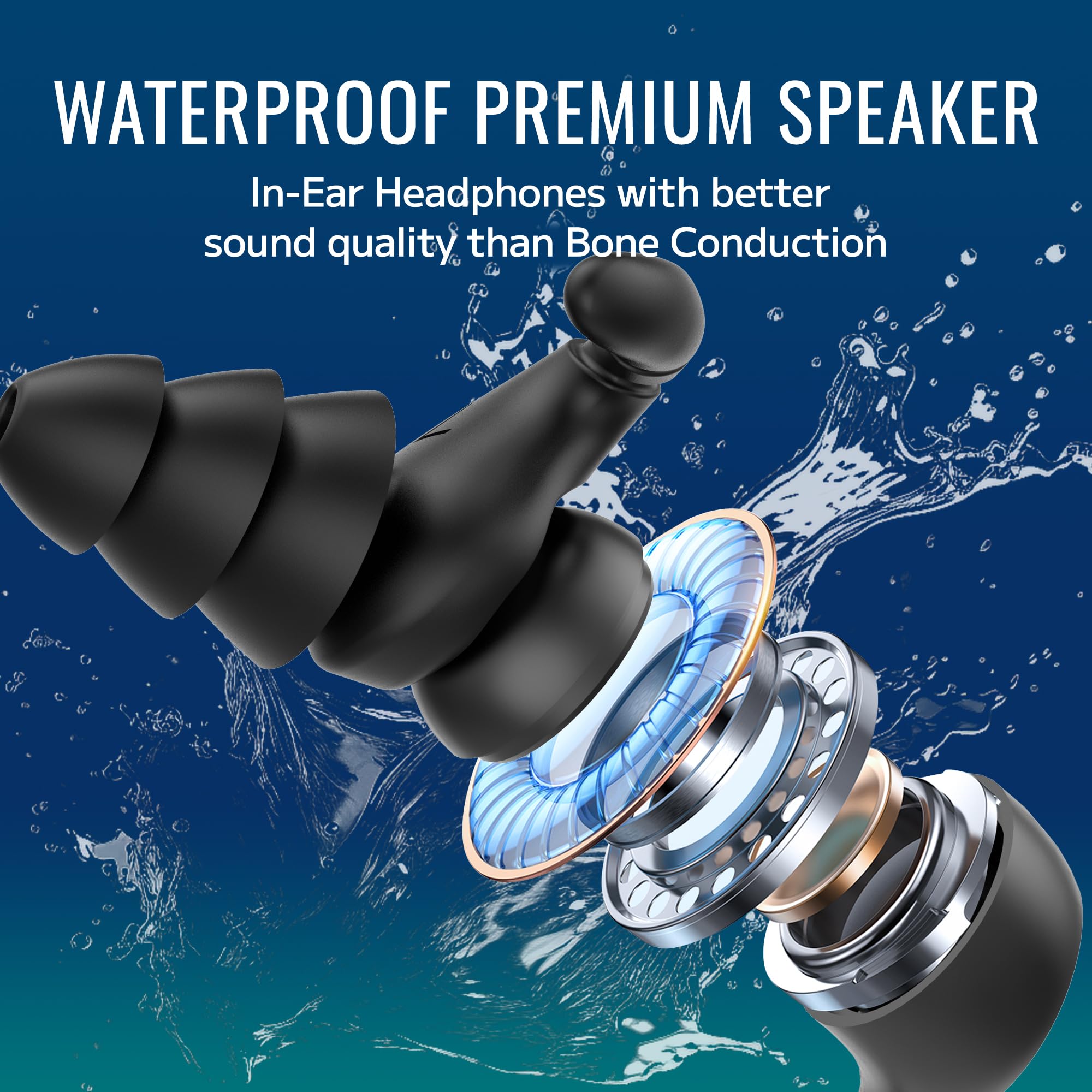 Tayogo W18 Écouteurs de Natation – Écouteurs in-Ear Étanches, MP3 4-en-1 32GB, Bluetooth 5.4, Radio FM, Compatibles avec Émetteur T6 pour Musique sous-Marine (Noir)