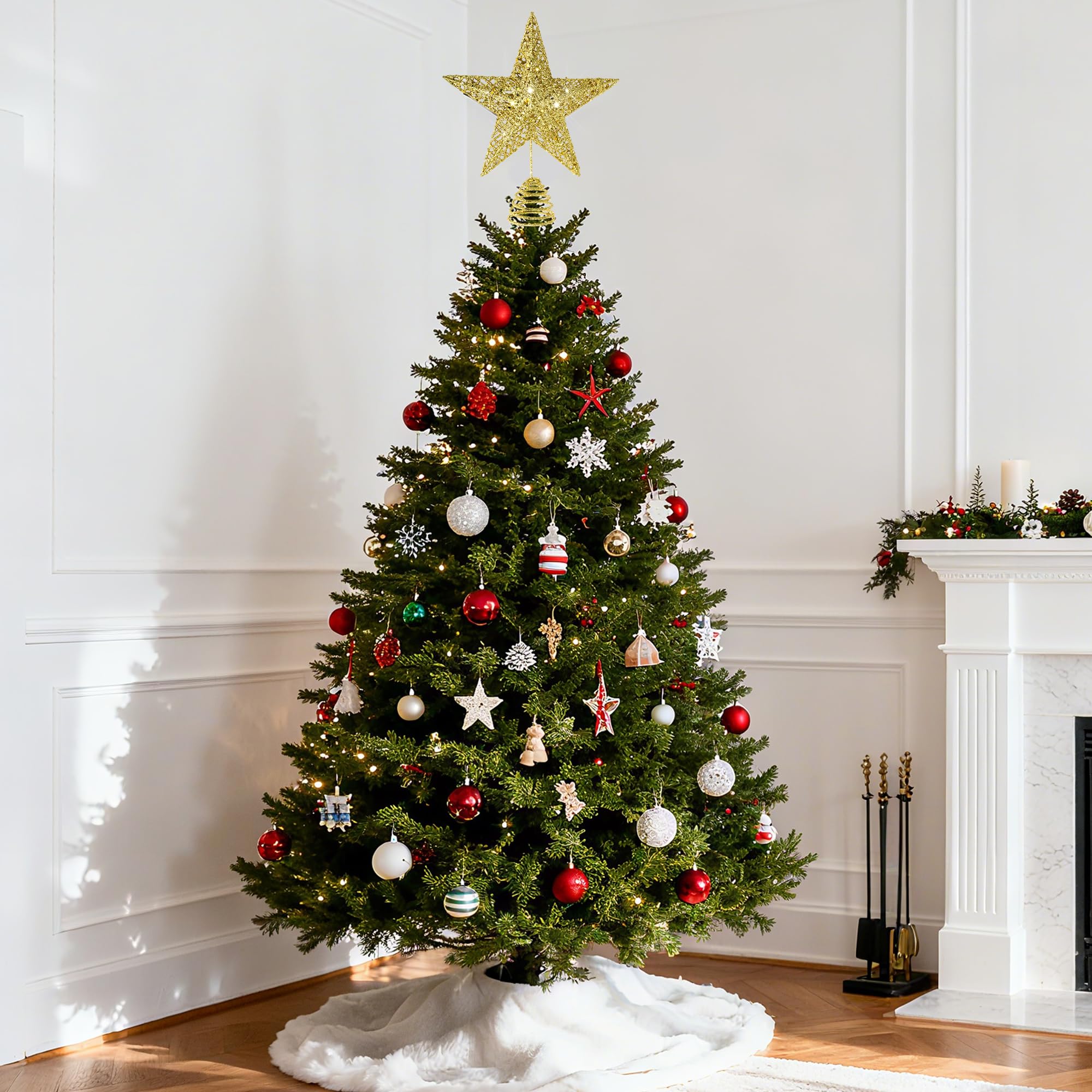 Glitzernde Weihnachtsbaumspitze, hohler Draht, Stern, Weihnachtsbaumspitze, Ornament (Gold)