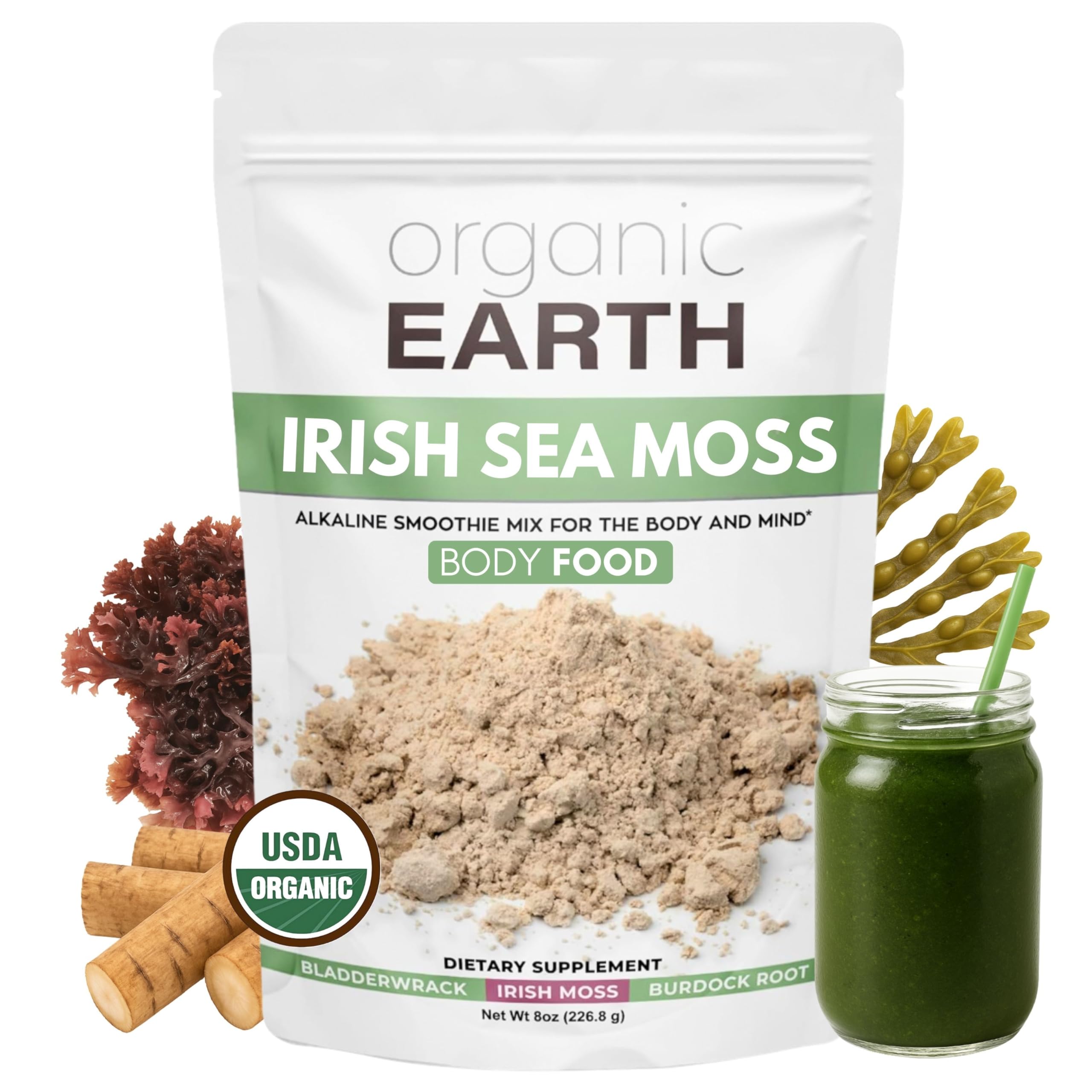 Organic Earth Irish Sea Moss Powder 8oz - Wildcrafted Sea Moss Organic with Bladderwrack & Burdock Root Powder - Thyroid, Digestion Support & Healthy Skin - USDA Certified Organic