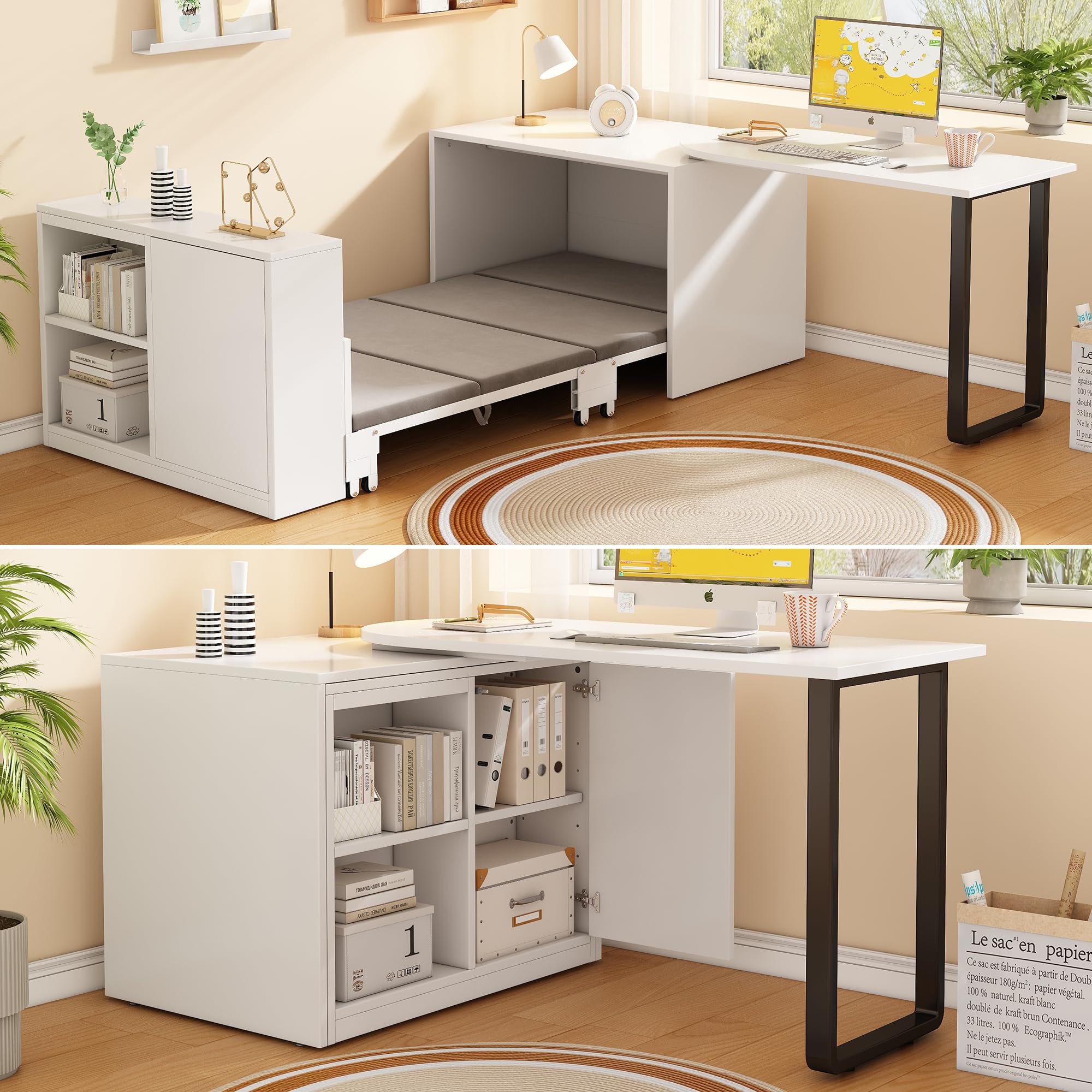 BTM 2-in-1 Klappbett mit Matratze Eckschreibtisch mit Stauraum und Rollen Bett mit Schreibtisch Schrank Gästebett Klappbar Weiß