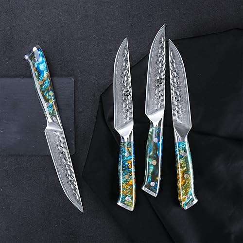 Miniatura 4 de WILDMOK Juego de cuchillos para carne, 4 piezas de espiga completa de 5 pulgadas, cuchillos de cena de acero de Damasco forjado de espiga completa