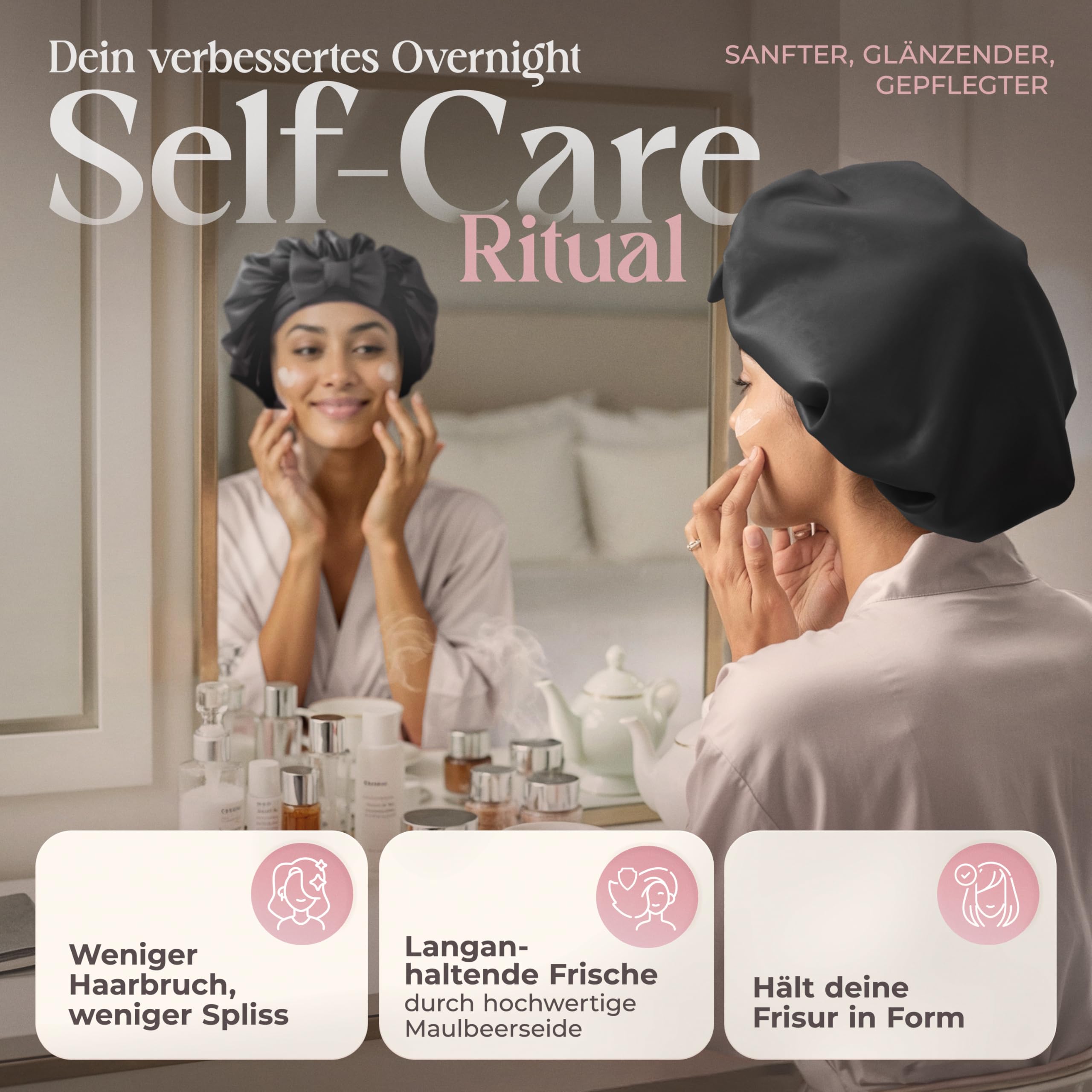 Seidenhaube zum Schlafen - 100% Maulbeerseide I Schlafhaube Seide - Idealer Schutz vor Frizz, Haarbruch & Knoten I Silk Bonnet mit Kinnriemen für extra Halt I Doppellagige Schlafmütze