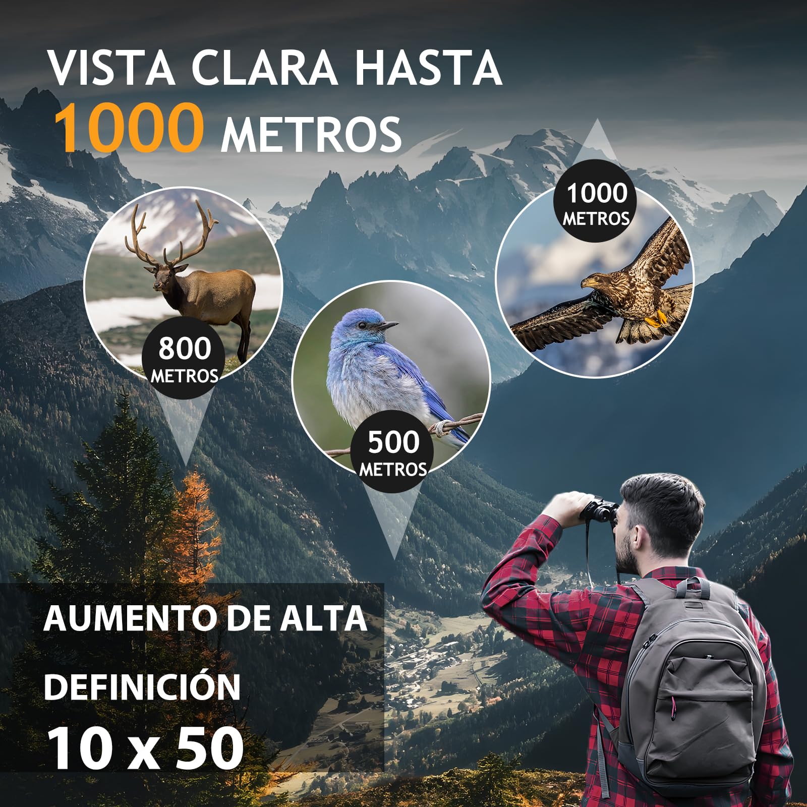 Prismáticos HD 10x50 para adultos, potentes, impermeables y compactos, para observación de aves, caza, viajes, visión con poca luz, agarre antideslizante, aspecto duradero