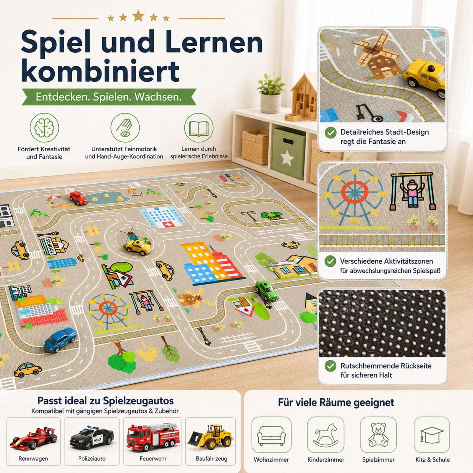 Tappeto stradale per bambini,tappeto gioco bambini pista macchinine,tappeto per bambini con Strade,cameretta Ragazzi e ragazze,Antiscivolo,Lavabile (B,80x120cm)