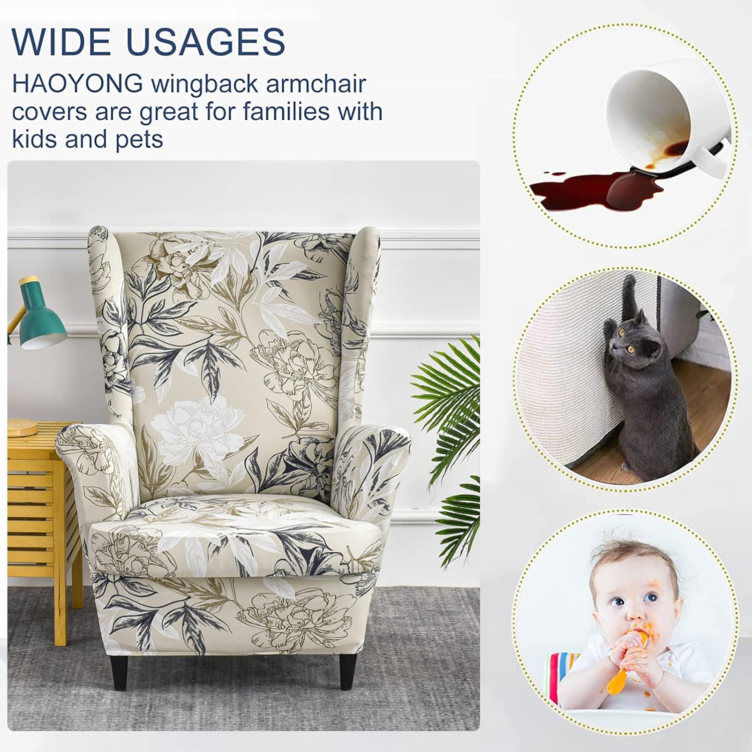 HAOYONG Stretch Wing Chair Cover Set Ottoman Slipcover 2 Pieces Wingback Chair Slipcover and and 1 Piece Rectangle Storage Stool Cover Removable Armchair Sofa Covers for Living Room Bedroom
