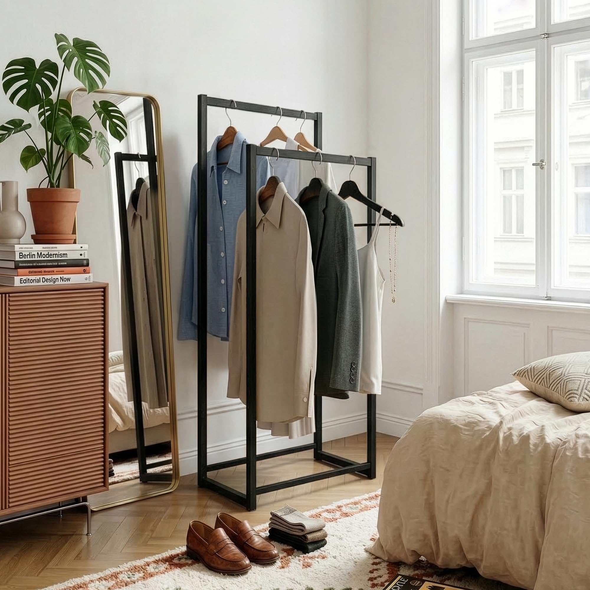 [en.casa] Stand Appendiabiti da Terra con 2 Barre Aste Porta Abiti in Altezze Diverse Organizzatore Guardaroba Vestitore 100 x 40 x 30 cm in Acciaio - Nero