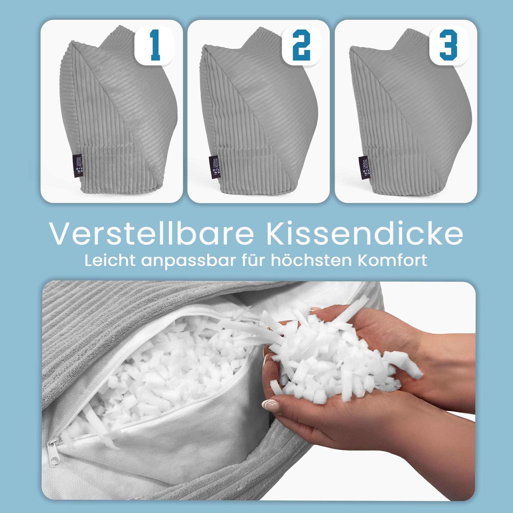DreamRoots Rückenkissen Keilkissen Bett - Verstellbares Lesekissen & Wandkissen, 70×40×20 cm Cord-Bezug 380 g/m², abnehmbar & waschbar, Seitentasche - Sofa Rückenkissen Dunkelgrau