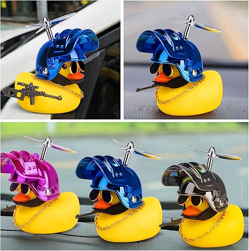 Miniatura 7 de wonuu Adornos de pato amarillo de goma para automóvil, decoraciones de tablero de automóvil con casco de hélice (azul brillante y amarillo G)