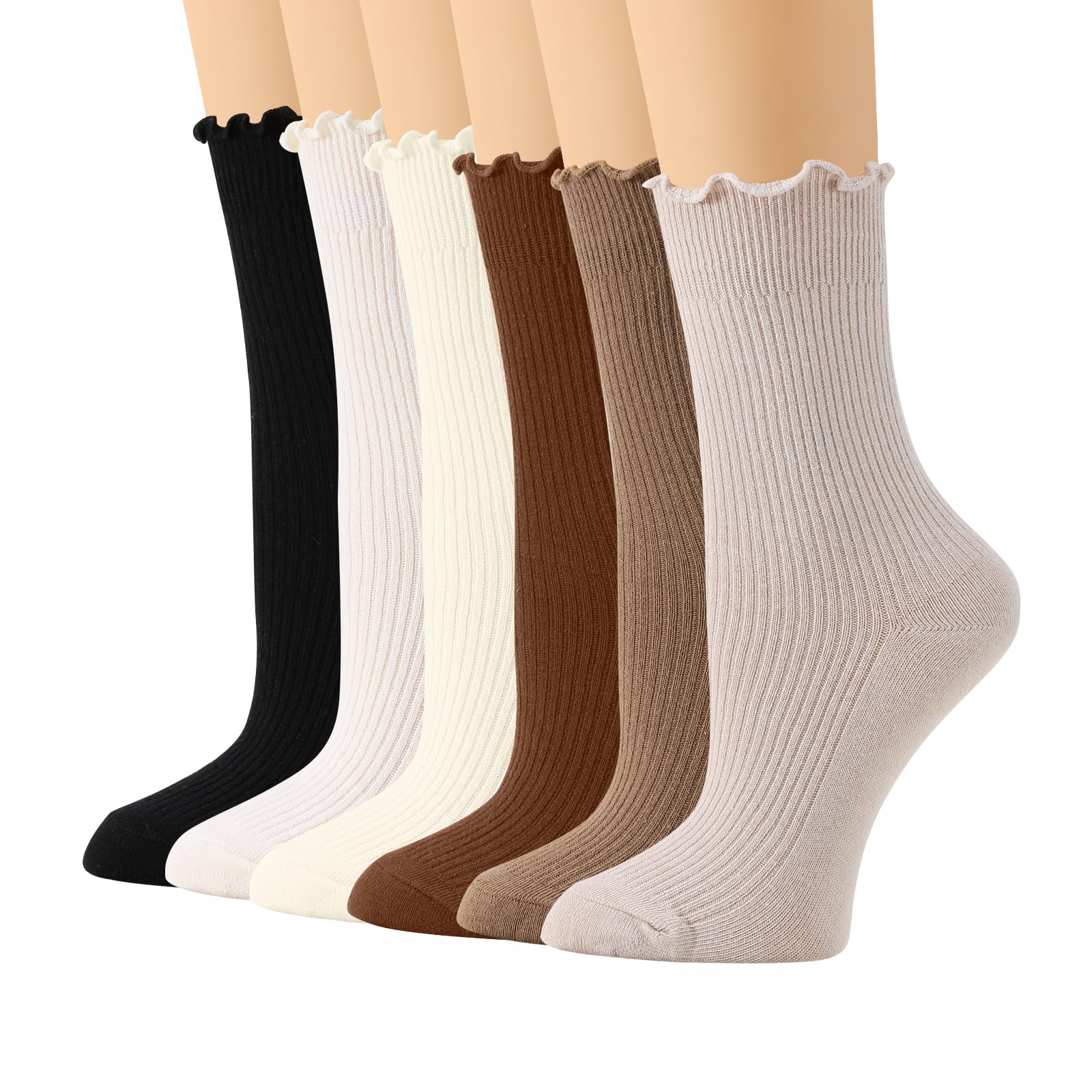 Yawlsow 6 Paar Rüschen Socken Damen,Baumwolle Söskchen mit Rüschen, Süße Bequeme Weiche Rüschensocken, Cute Ruffle Atmungsaktive Socken für Mädchen Frauen