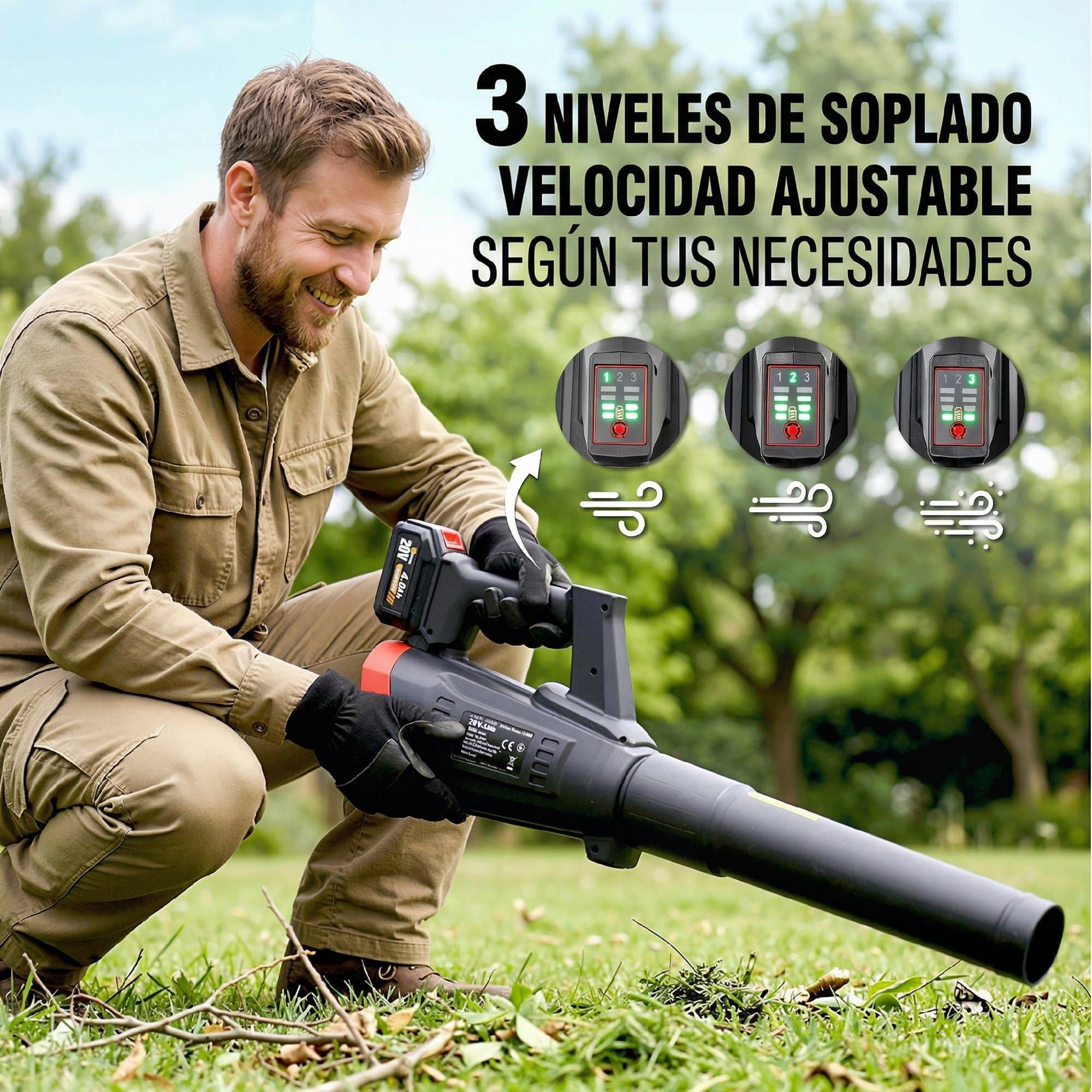 Outsunny Soplador de Hojas sin Cable 18V con 2 Baterías 4.0Ah y Cargador | Motor Sin Escobillas 600W, 3 Velocidades, Correa Hombro, 149 km/h, Soplador Batería Ligero para Hojas, Nieve y Residuos