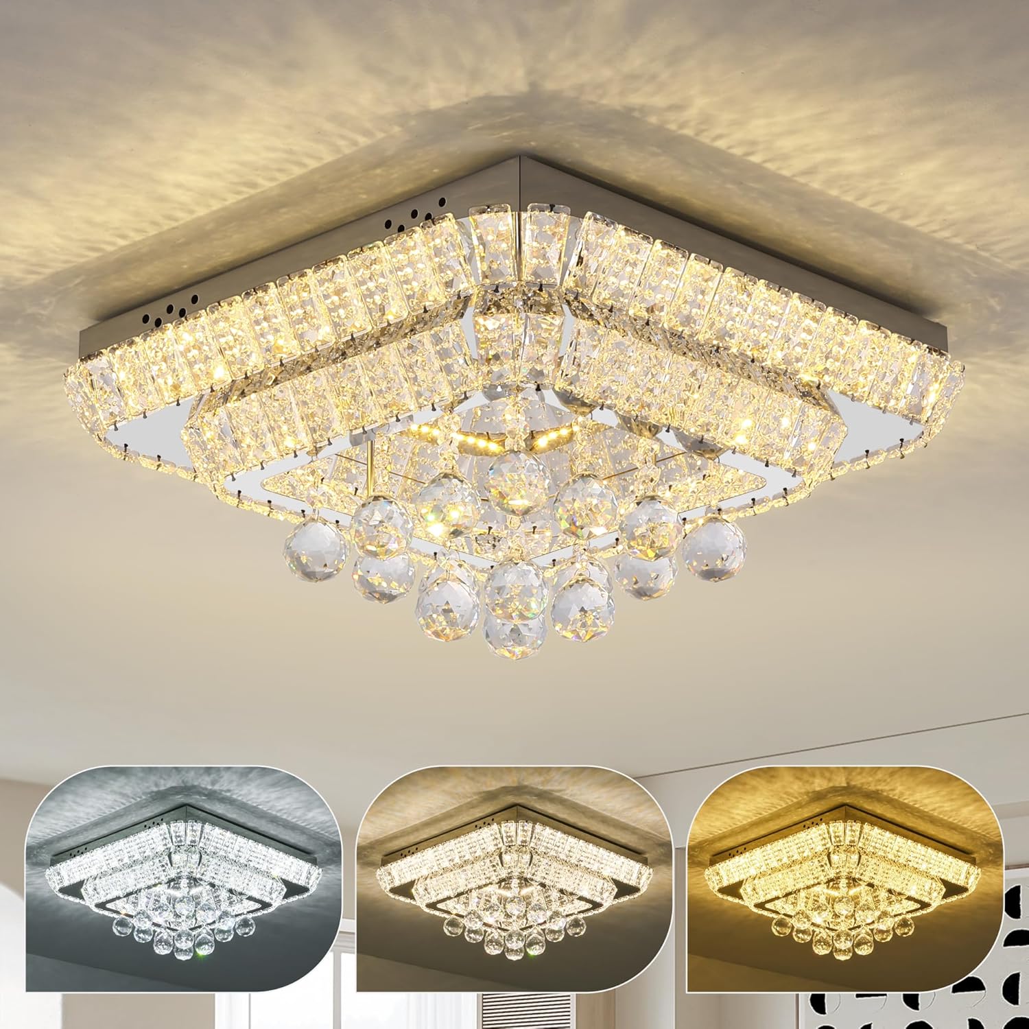 COCOSTAR Light Luxury Chandelier, 18" Suqare Flush Mount Chandelier Ceiling Light, Crystal Chandeliers, Raindrop Chandeliers for Dining Room, Living Room, Bedroom Silver 18 inches