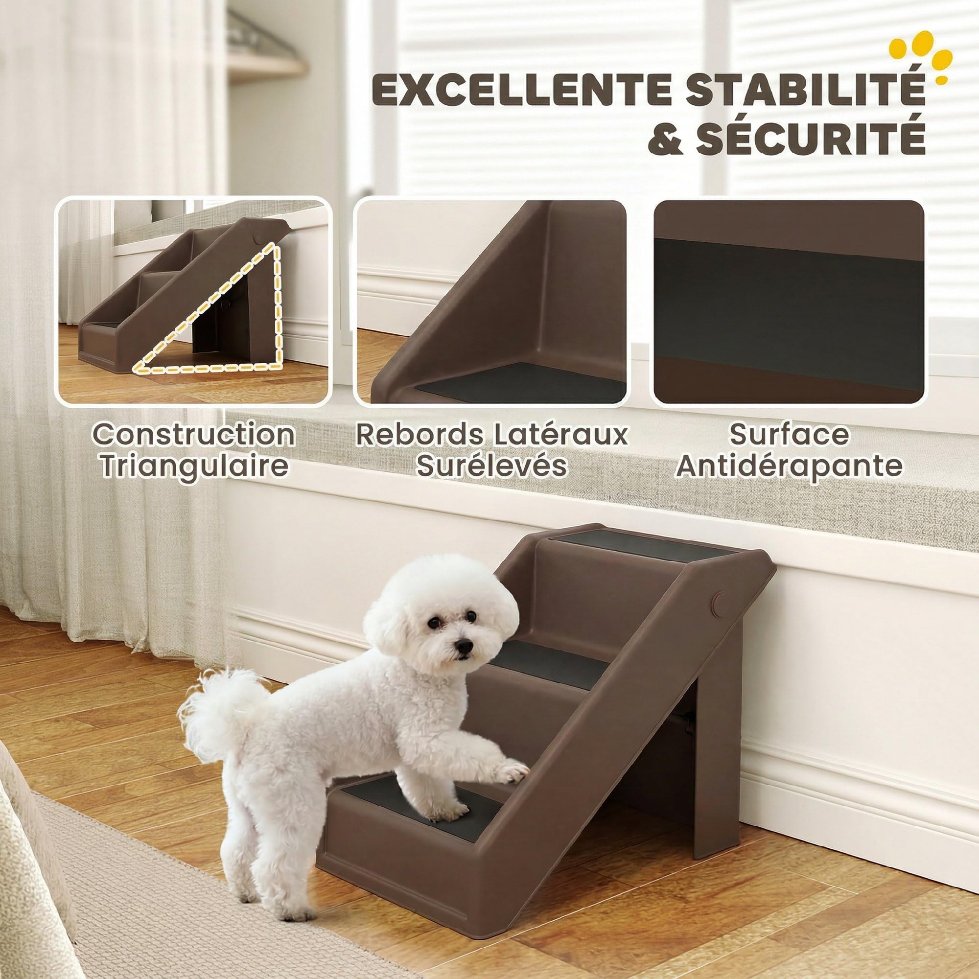 PawHut Escalier pour Chien Pliant à 3 Marches Antidérapantes, Escalier pour Animaux Portable en Plastique Charge 30 kg, pour Chiots, Chats et Animaux Âgés, 53 x 30,5 x 36,5 cm Marron