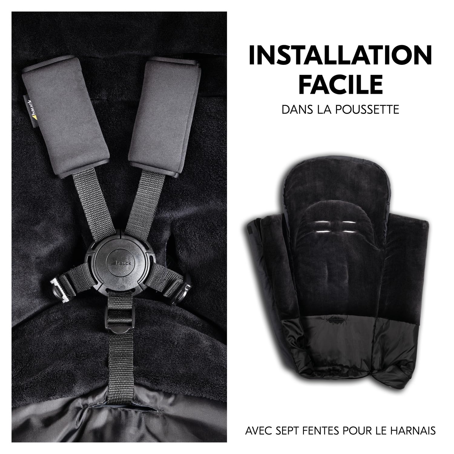 hauck Chanceliere Universelle pour Poussette et Remorque Velo, Nid d'Ange Bebe en Polaire Chaude, Fentes pour Harnais 5 Points, Lavable en Machine, Noir