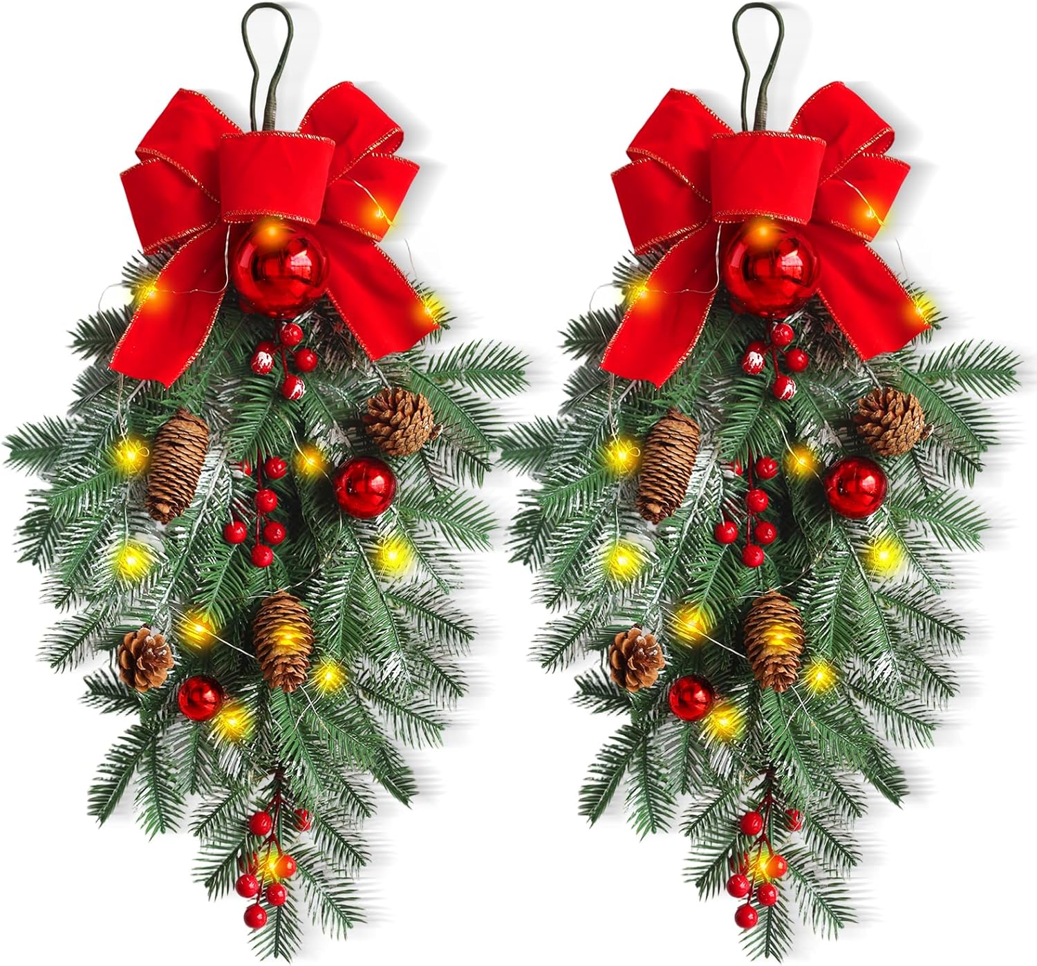 2 Pack Christmas Teardrop Swags, Christmas Swag Artificial Wreath with Bow, Red Berries and Pine Cones Hanging Garland Greenery for Front Door Indoor Outdoor Wall Window Xmas Decor