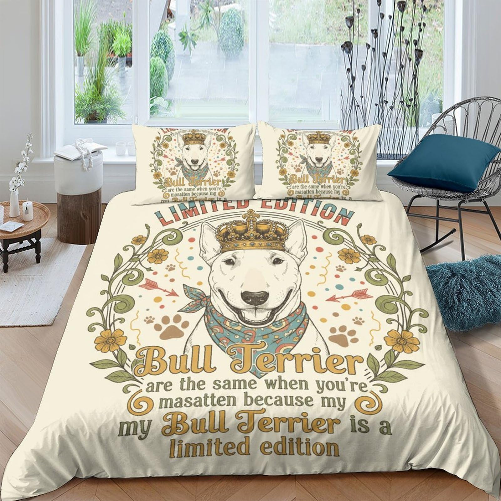 Ctjqhvkz Style-3 3D Printed Bull Terrier Fitted Sheet Microfiber Beige Floral Crown Bed Cover For Bedroom Guest Room Mattress Decor Single（135X200cm）
