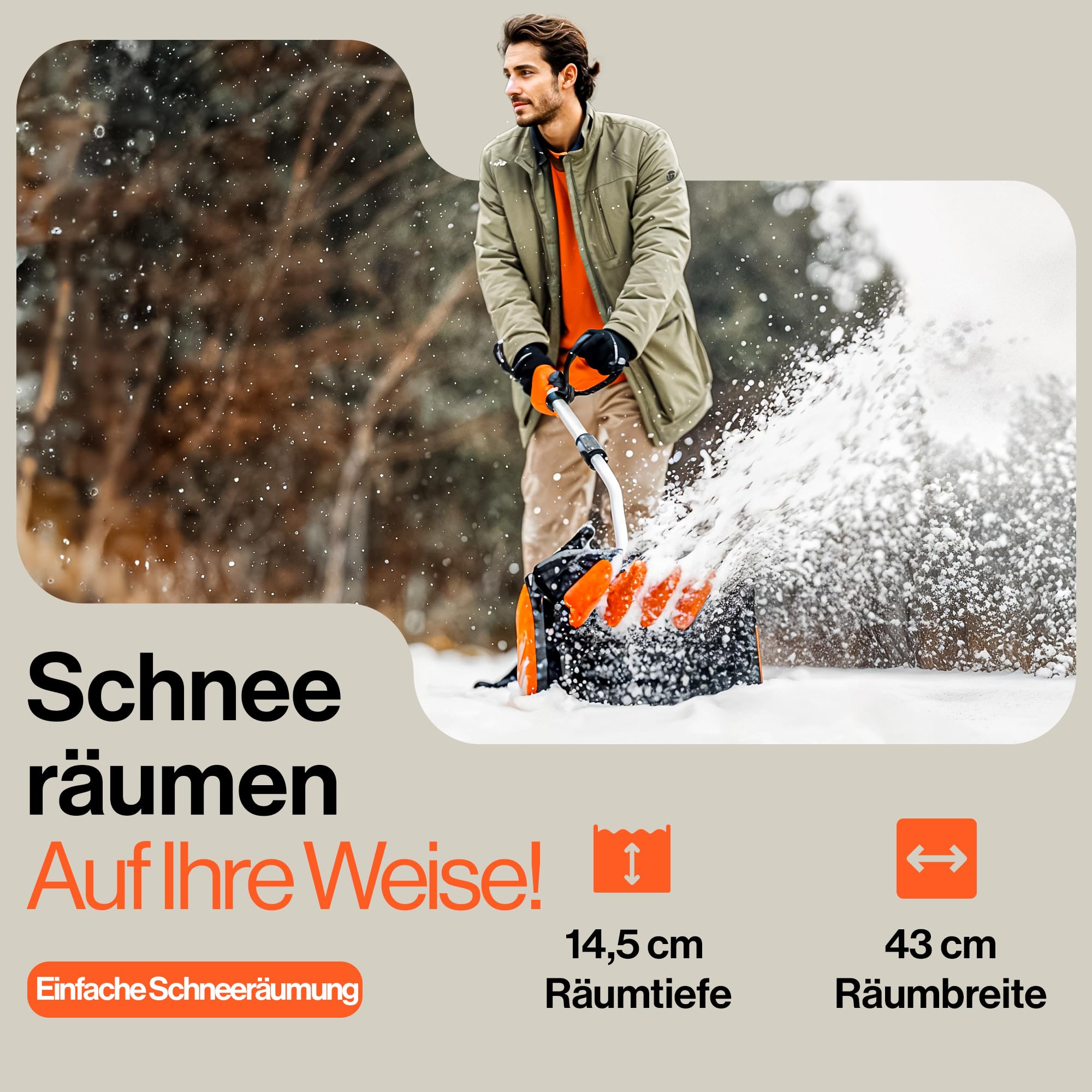 SuperHandy Elektrischer Schneefräser, verstellbarer Winkel, 43 cm Räumbreite, 14,5 cm Einzugshöhe, 7 m Wurfweite, gebogener gezahnter Schaufelblatt, 48V-2Ah Batterie, tragbare Räder, einfache Manövrie