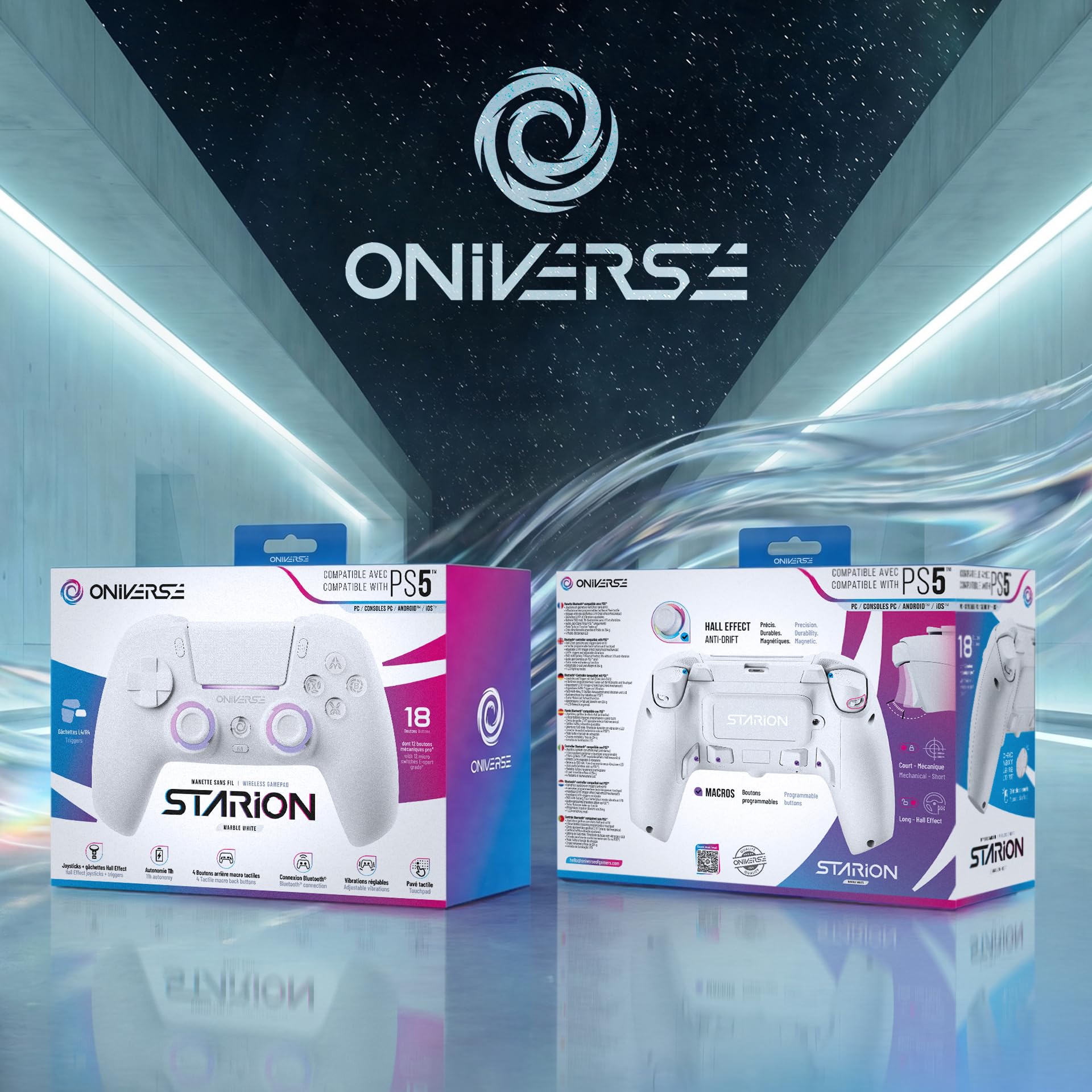 Oniverse Manette sans fil pour PS5/PC/Steam Deck - Starion - Joystick et gâchette Hall Effect, Palettes macro programmables, Gâchettes L4/R4, Pavé tactile, Anti-Drift, Bluetooth/USB-C - White