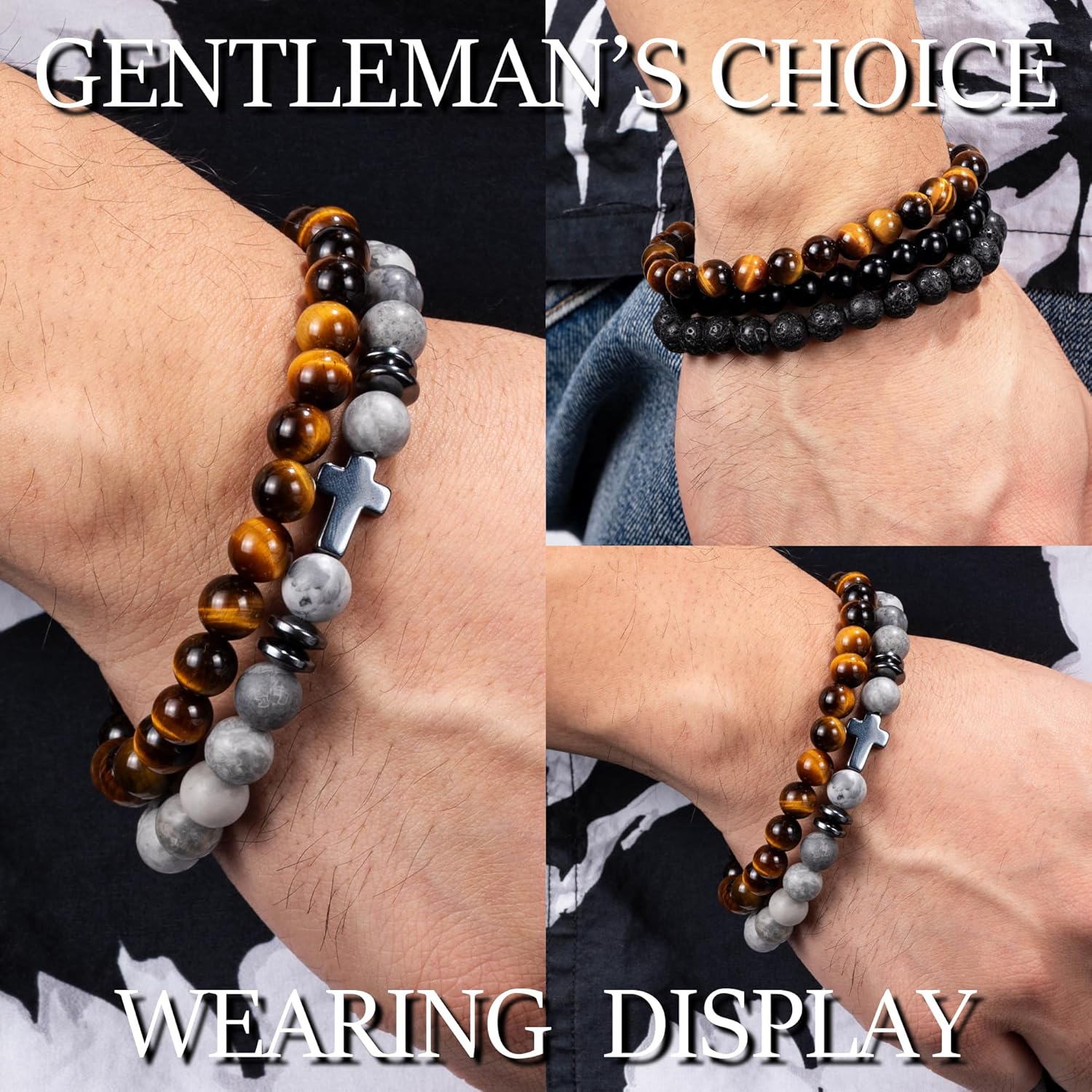 Men Beaded Bracelets, 8mm Natural Stone Bracelet, Healing Crystal, Jewelry Gifts for men, Triple Protection, Tiger Eye, Black Obsidian Beads Bracelets, Lava Rock, Pack of 4 - Image 6