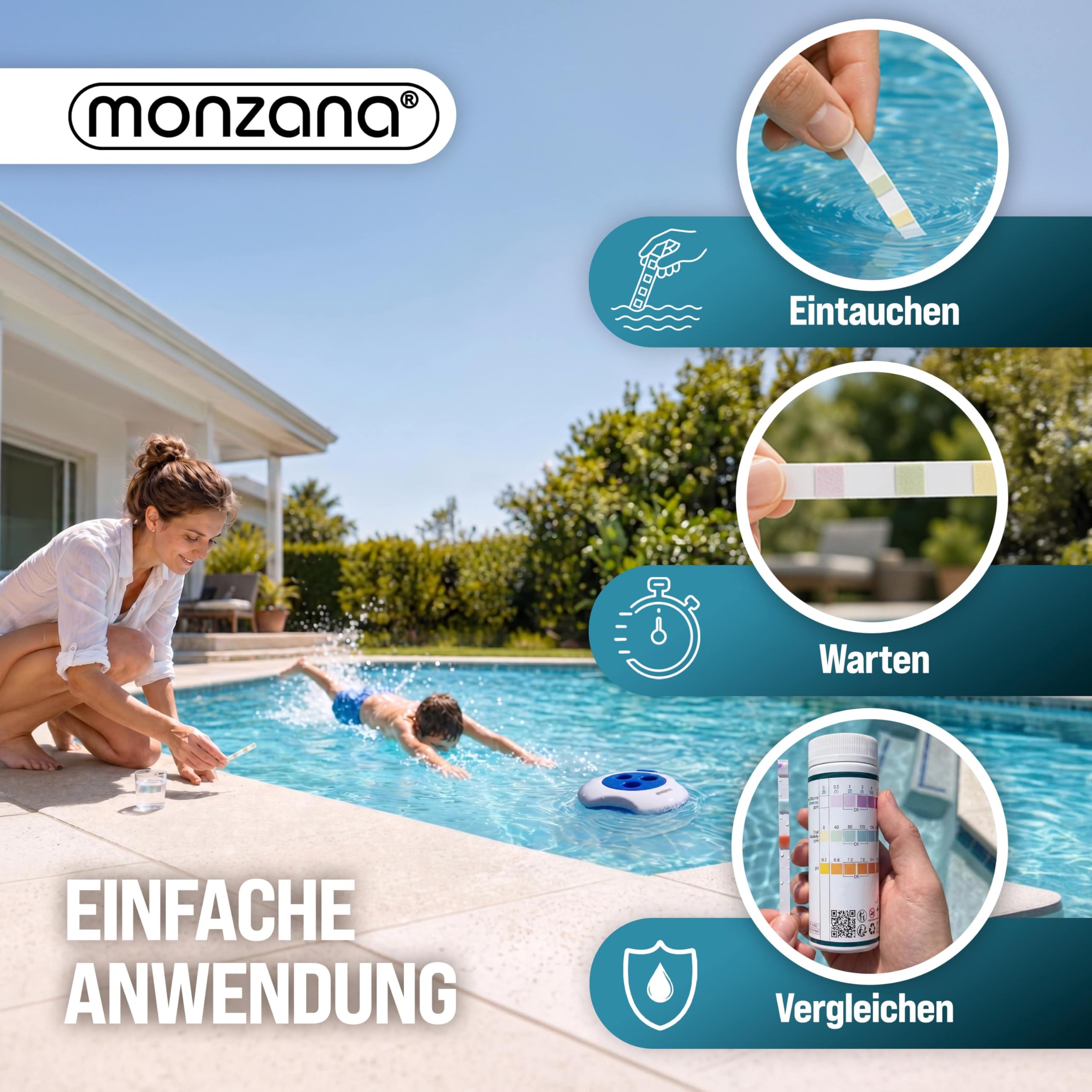 MONZANA® Dosierschwimmer Pool für 20-200g Tabletten inklusive 150 3in1 Teststreifen Klein Groß UV- Resistent Chlor Schwimmer Dosierer mit Thermometer