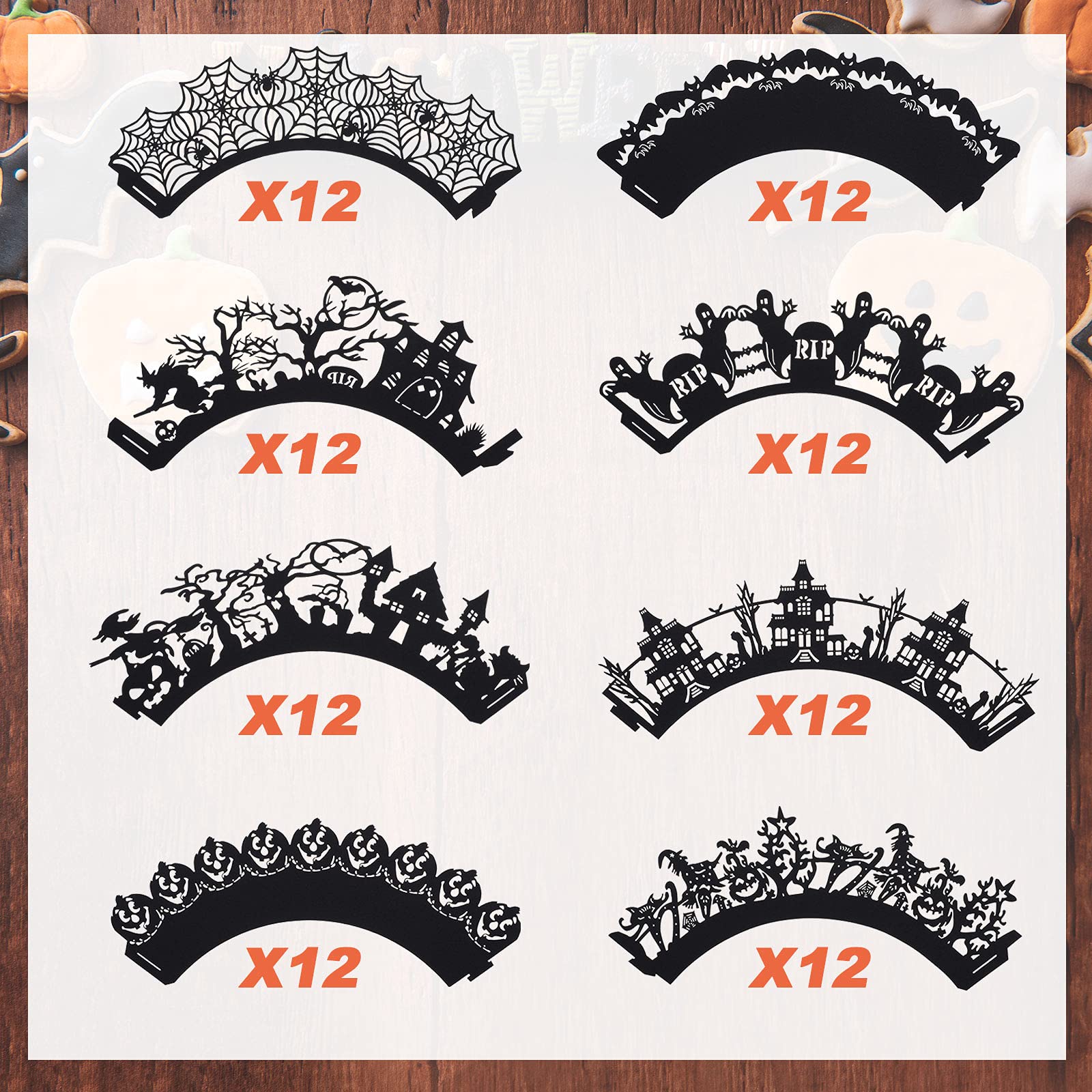 96 Stück Halloween Cupcake Wrappers Halloween Laser Cut Liner Halter Spiderweb Night Castle Cupcake Wrappers künstlerische Backen Pappbecher für Halloween Hochzeit Geburtstag Party Dekoration