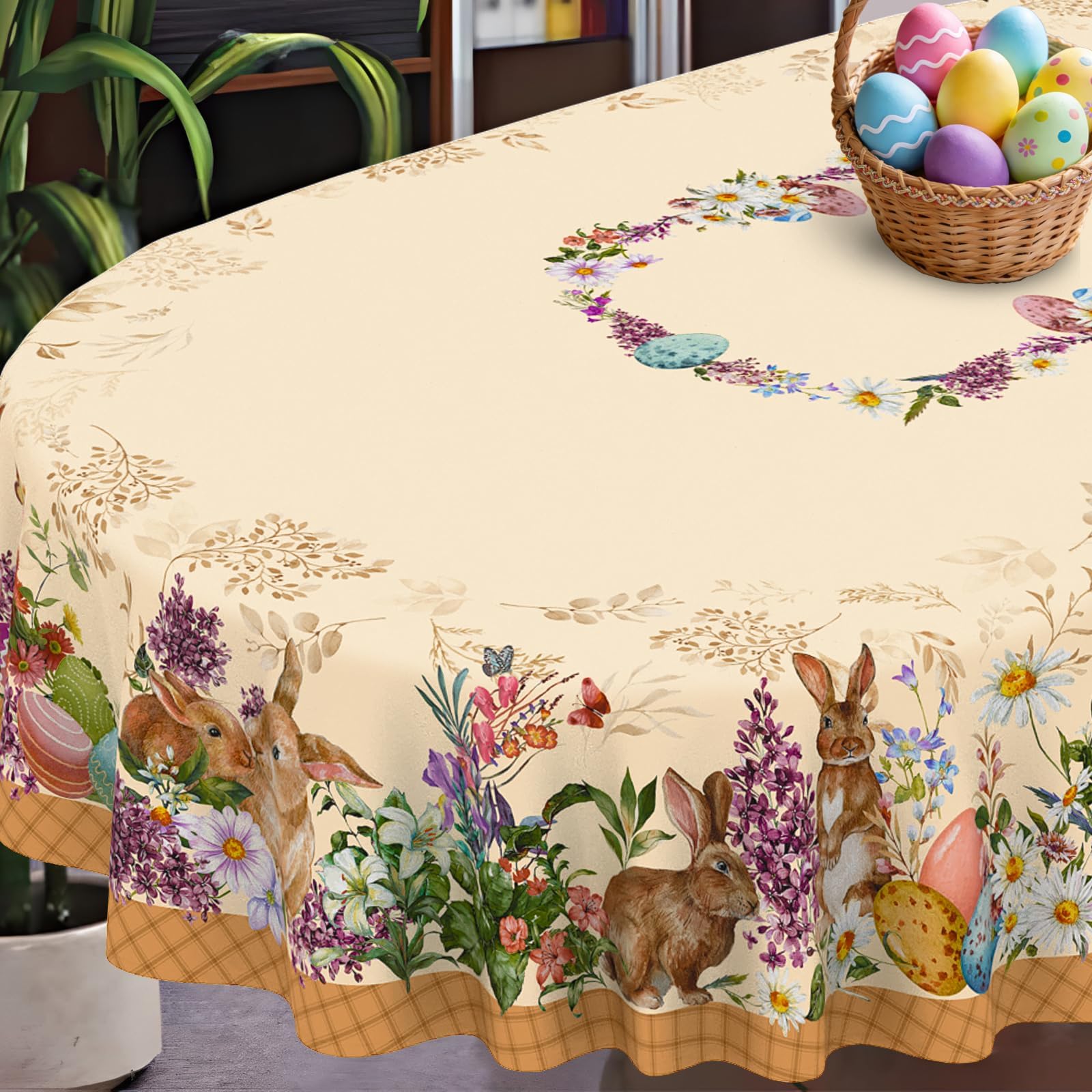 Easter Oval Tablecloth 60" x 102" Waterproof Fabric Spring Flowers Bunny Table Cloths for Easter Indoor Outdoor Kitchen Dining Decorations