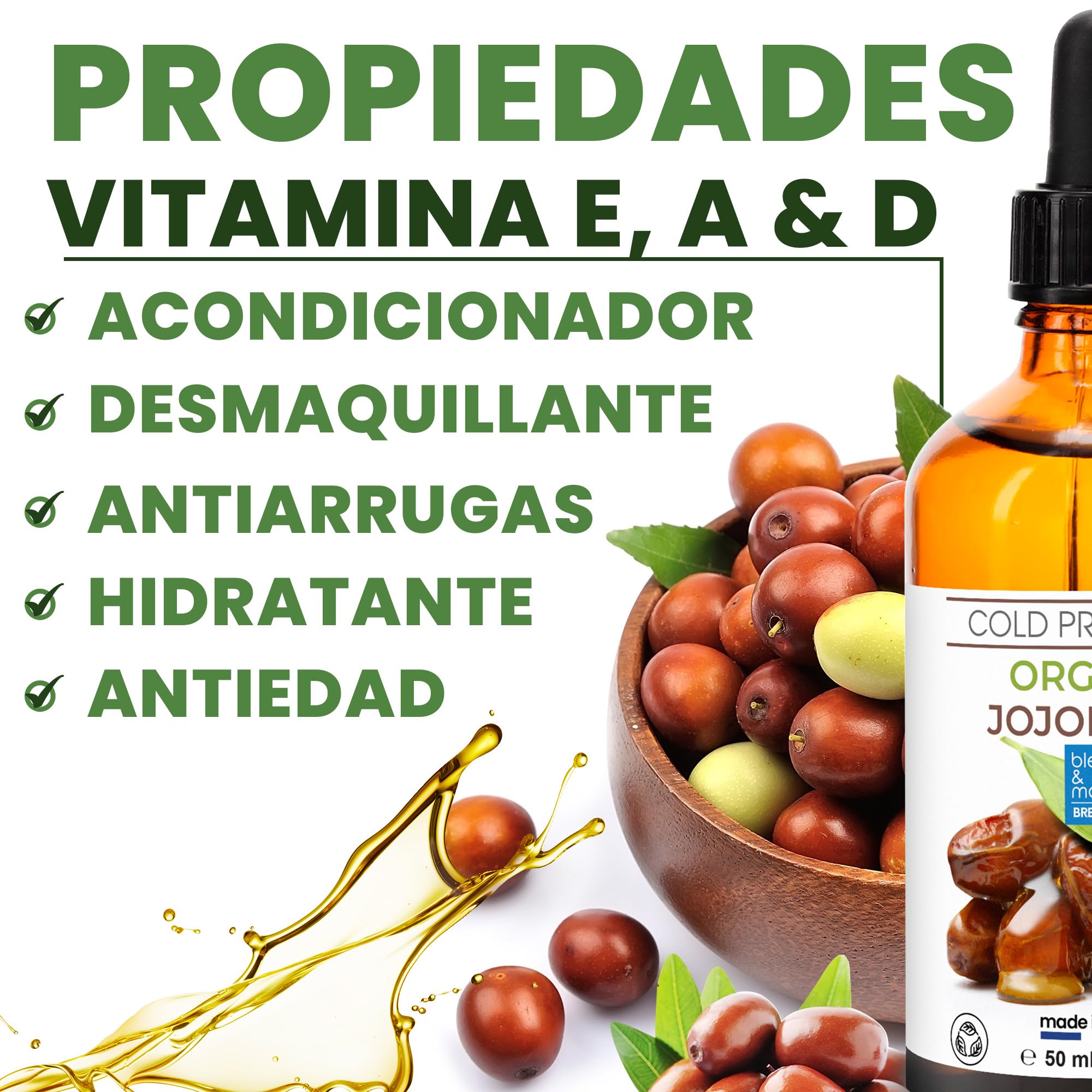 Aceite de Jojoba, BIO, Puro y Natural: Serum Facial, Hidratante Cabello y Barba, Desmaquillante, Limpiador Facial, Serum Pestañas, Aceite Cuticulas Uñas, Cuidado Piel Atópica - 1000 ml 1 L