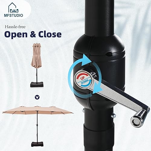 Miniatura 5 de MFSTUDIO Sombrilla de patio al aire libre de 15 pies de doble cara, sombrilla de mercado extragrande con manivela, base incluida