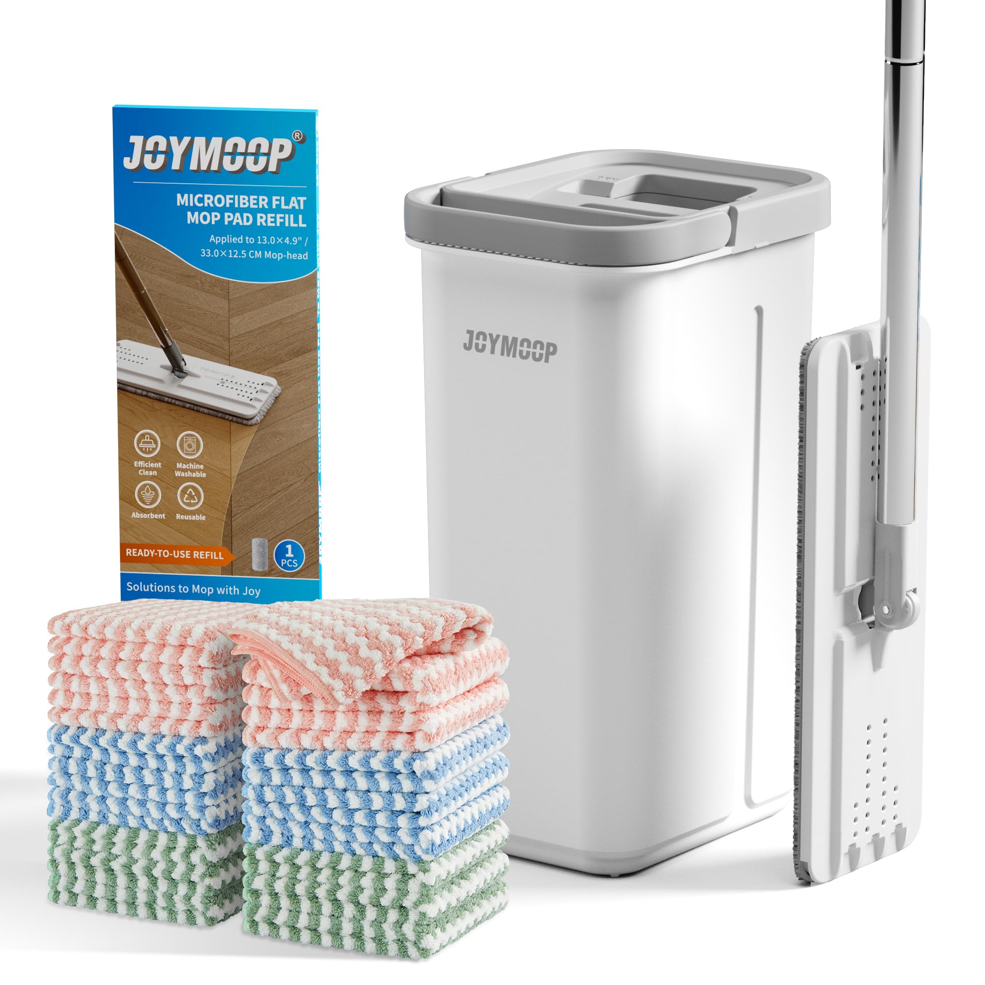 JOYMOOP Kit Mocio Piatto e Secchio + 5 Panni + 18 Panni in Microfibra + 1 Ricarica, Sistema Pulizia Pavimenti Mani Libere, Lavabile Riutilizzabile