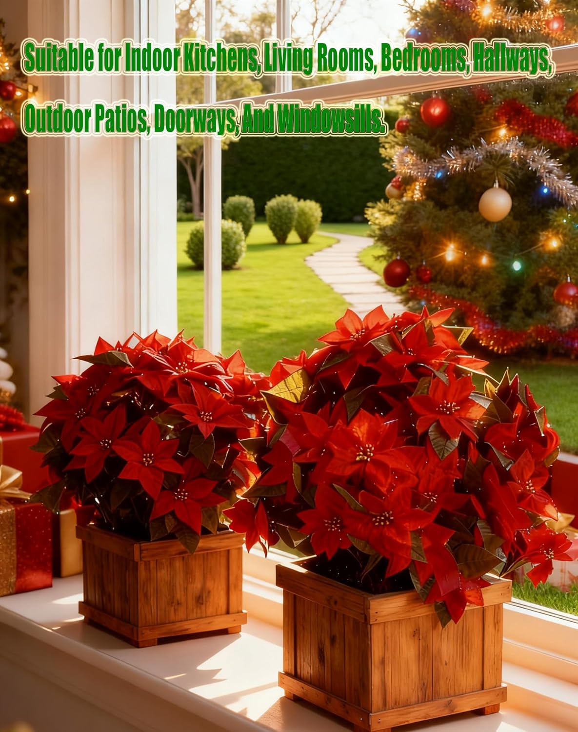 Poinsettia Flowers Artificial - 7 Heads 5 Pack Velvet Faux Poinsettia for Outdoor Planters - Big, Full and UV Resistant, Poinsettias Bush Christmas Bouquet for Porch, Garden, Patio (10)