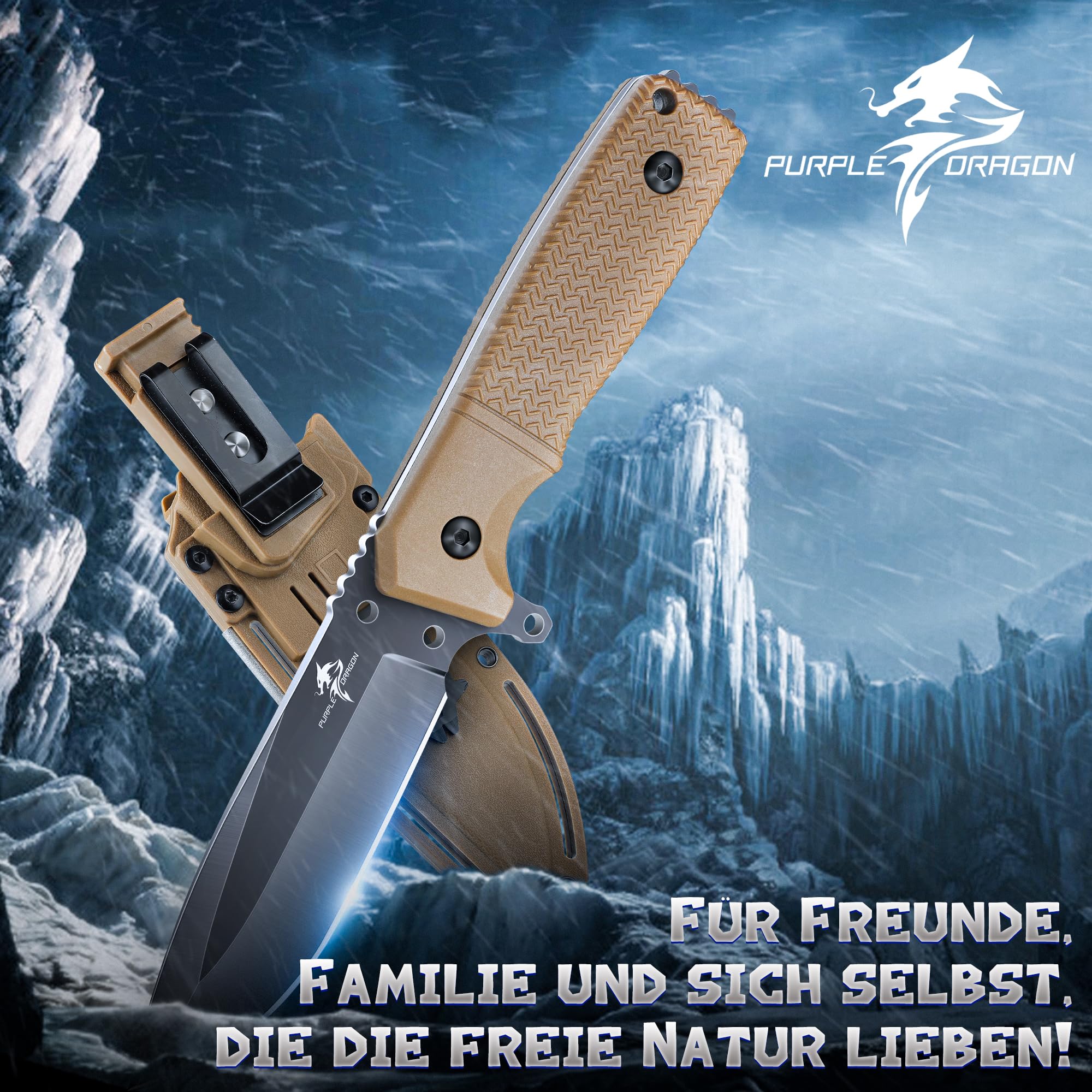 Purple Dragon Khaki Couteau de Survie, Étui Kydex, Acier D2 et Soie Pleine | Couteau à Lame Fixe, Soie Pleine, D2, Manche G10, Étui Kydex, Camping, Bushcraft, Plein Air, Survie, Outdoor, Cadeau Homme