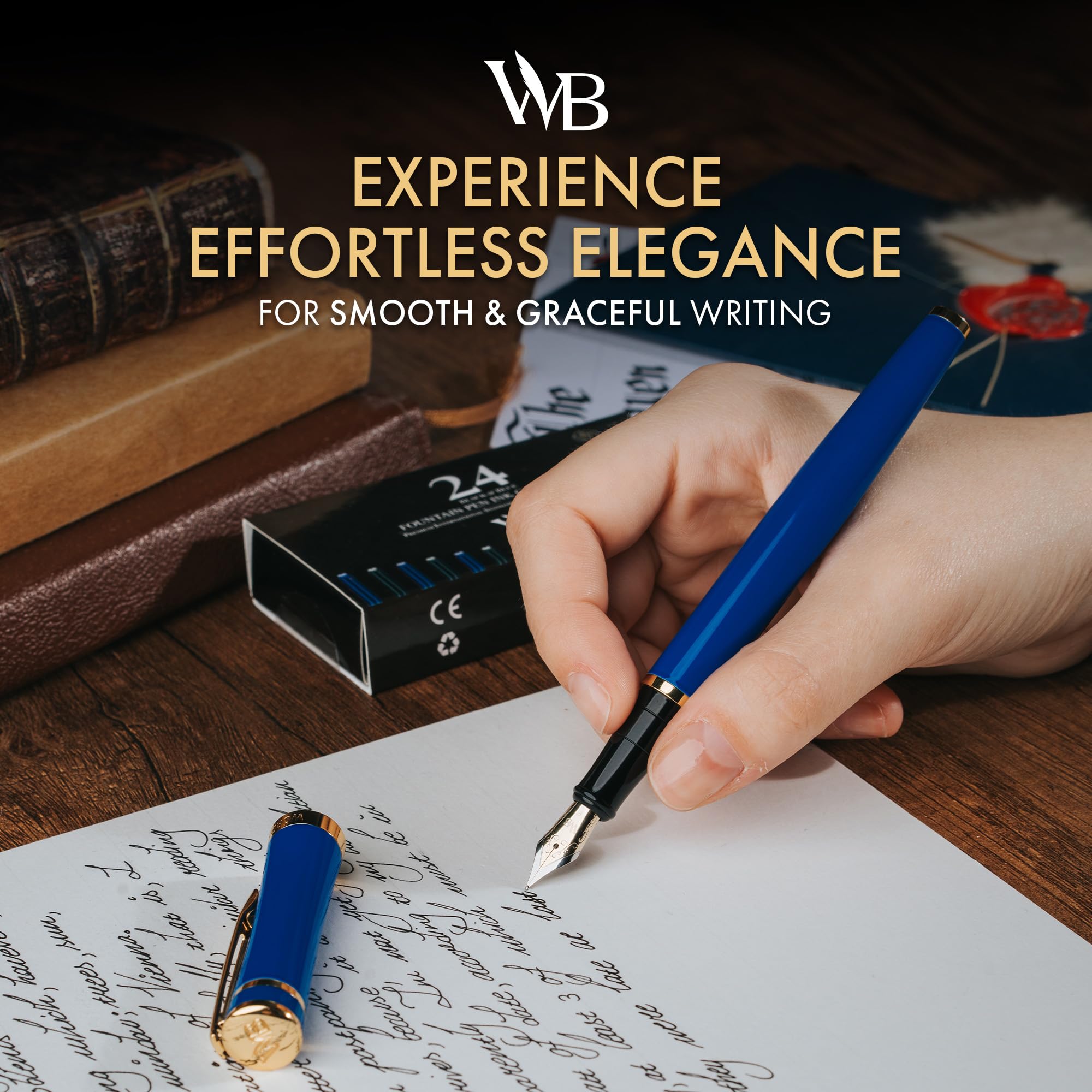 Wordsworth & Black Fountain Pen Set, 18K Gold Fine Nib, with 24 Ink Cartridges, Piston Converter and Gift Box, Gold - Image 2
