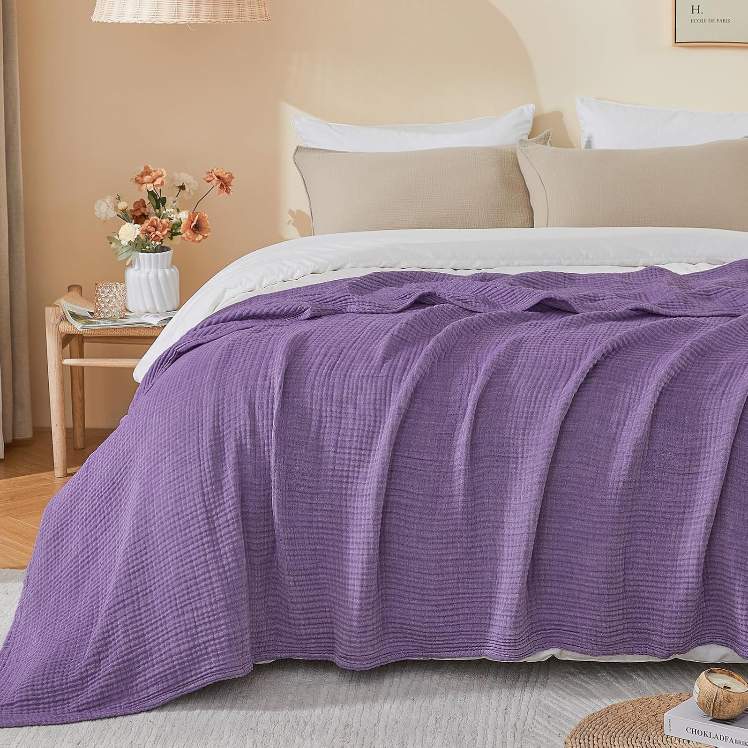EMME Cotton Muslin King Blanket Bed Layering Breathable Gauze Blanket Soft Lightweight Blankets Adults (Purple, 108"x90") - Image 6
